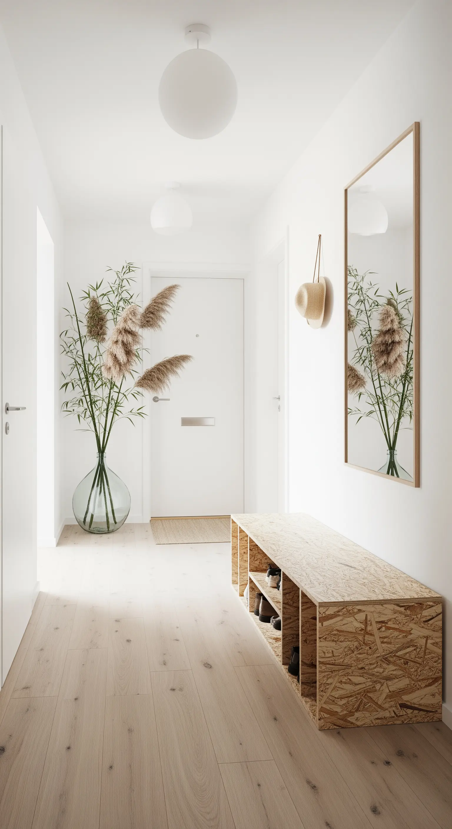 Ingresso luminoso con panca contenitore in legno OSB, specchio e vaso con bambù ed erba della Pampa.