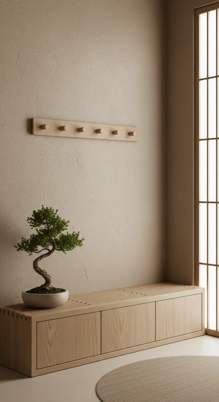 Panca minimalista in legno chiaro con un bonsai e un semplice appendiabiti.
