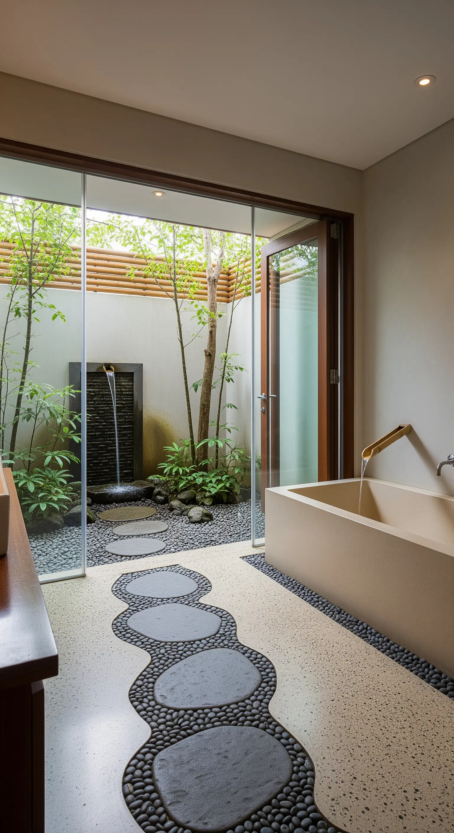 Bagno con pavimento in terrazzo e sentiero di pietre che conduce a un giardino interno.