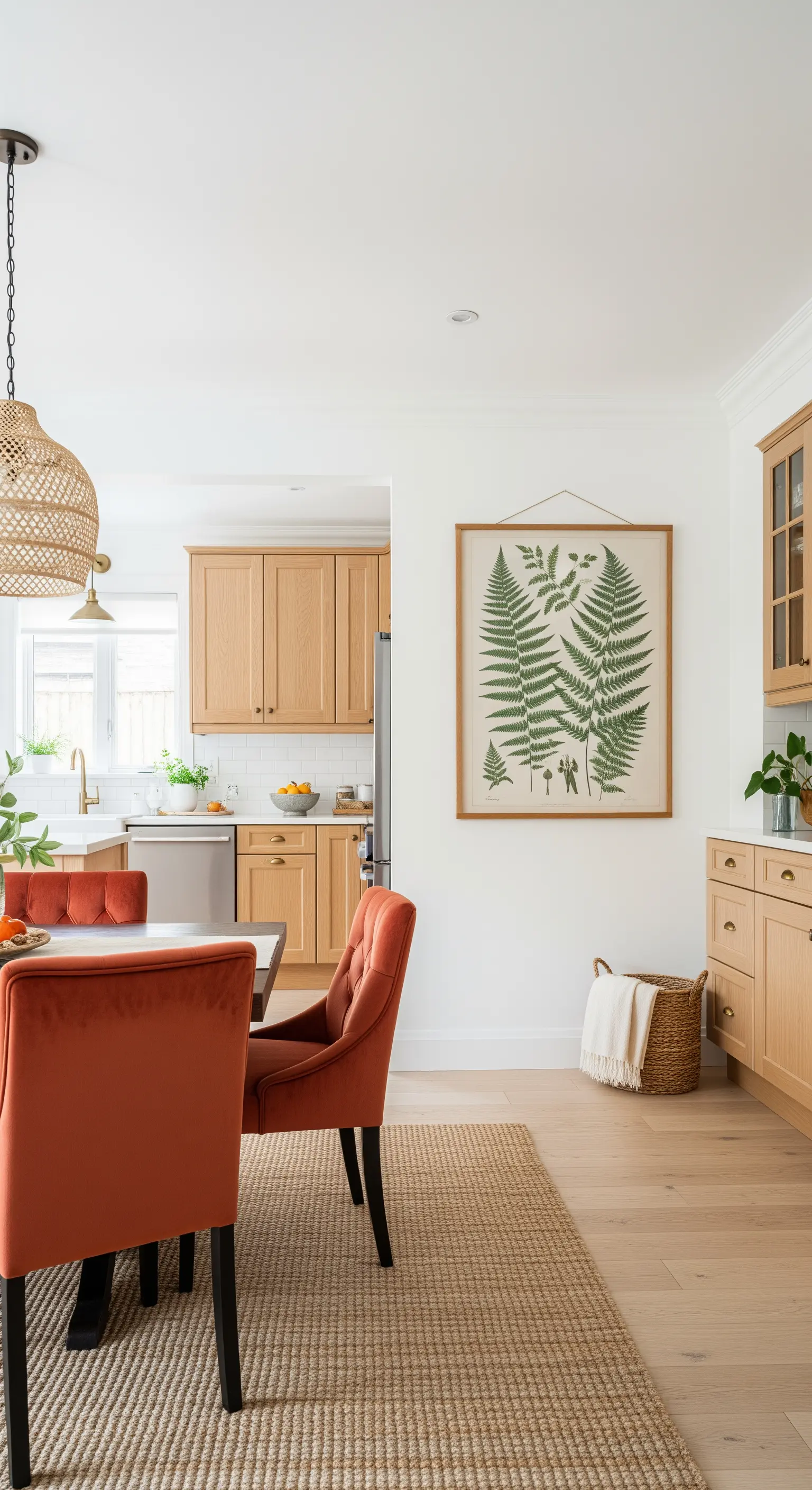 Zona pranzo con sedie in velluto color terracotta e una stampa botanica alla parete.