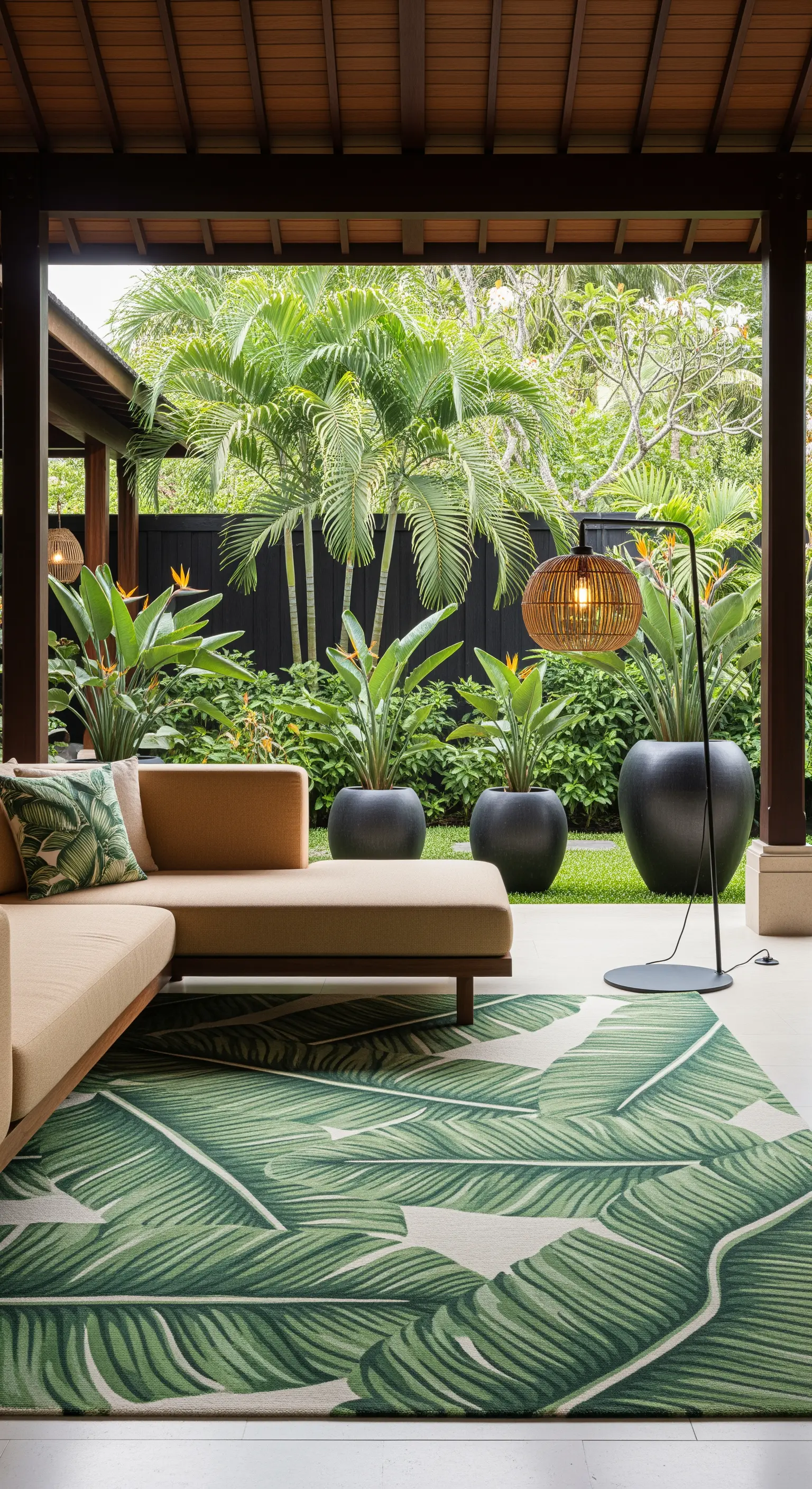Patio tropicale con divano beige, tappeto con stampa a foglie di banano e lampada in rattan.
