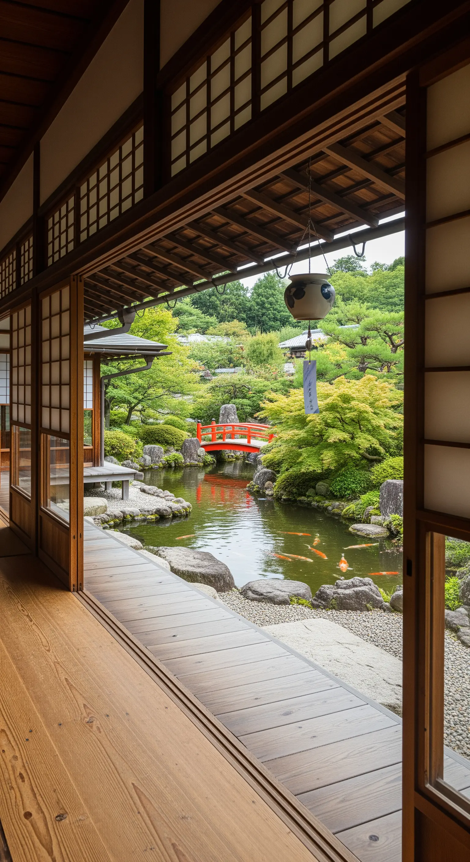 Vista di un giardino giapponese con laghetto e ponte rosso da una veranda in legno.