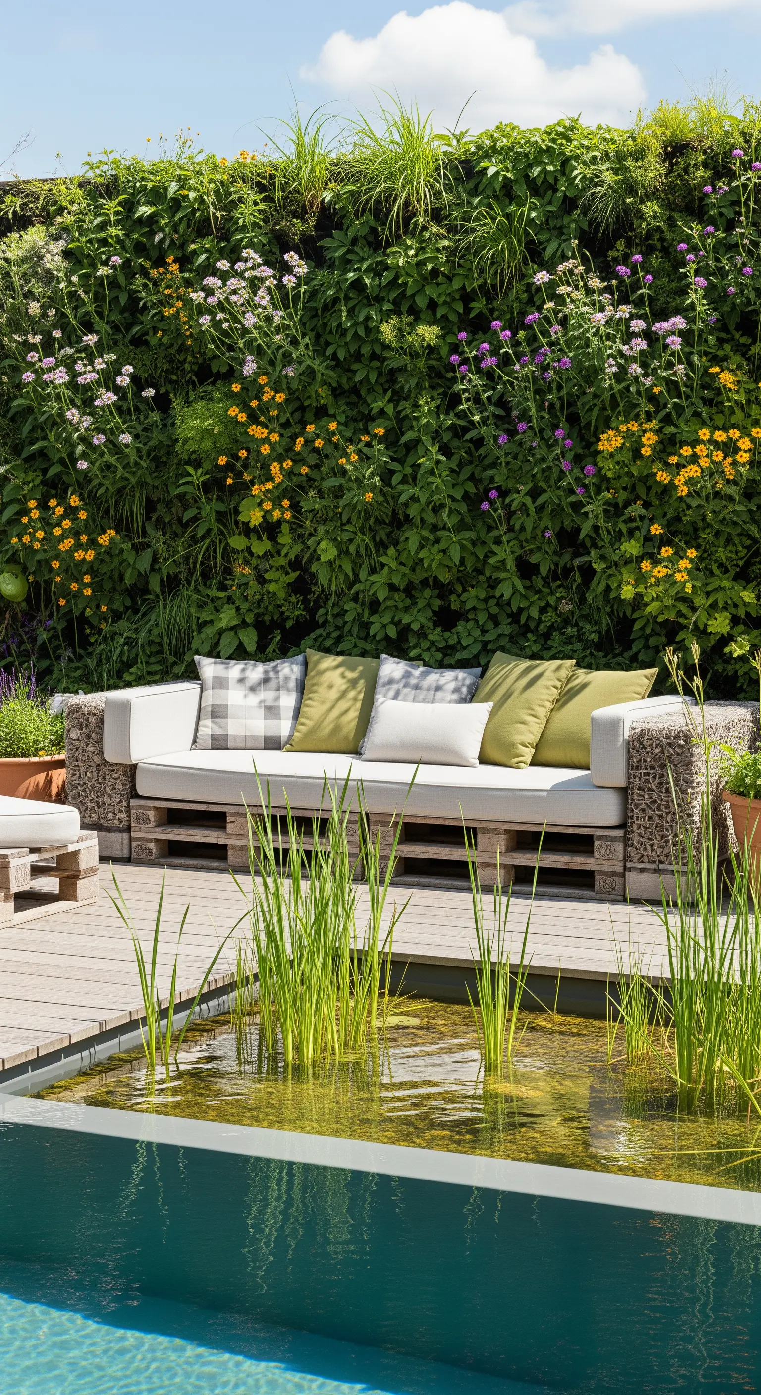 Divano fatto con pallet vicino a una piscina naturale con piante acquatiche e fiori.