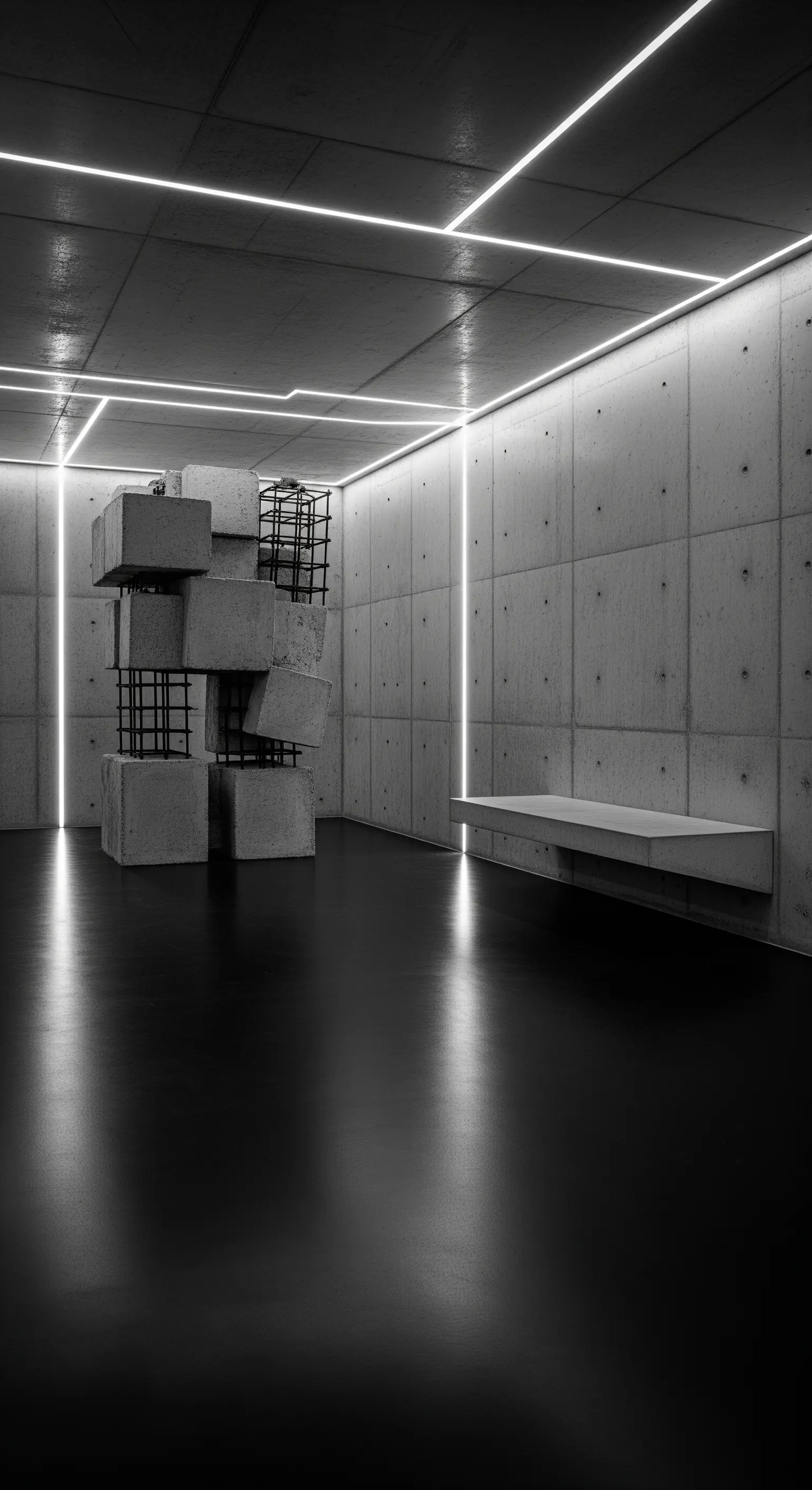 Spazio minimalista con pareti in cemento, pavimento nero e scultura brutalista.