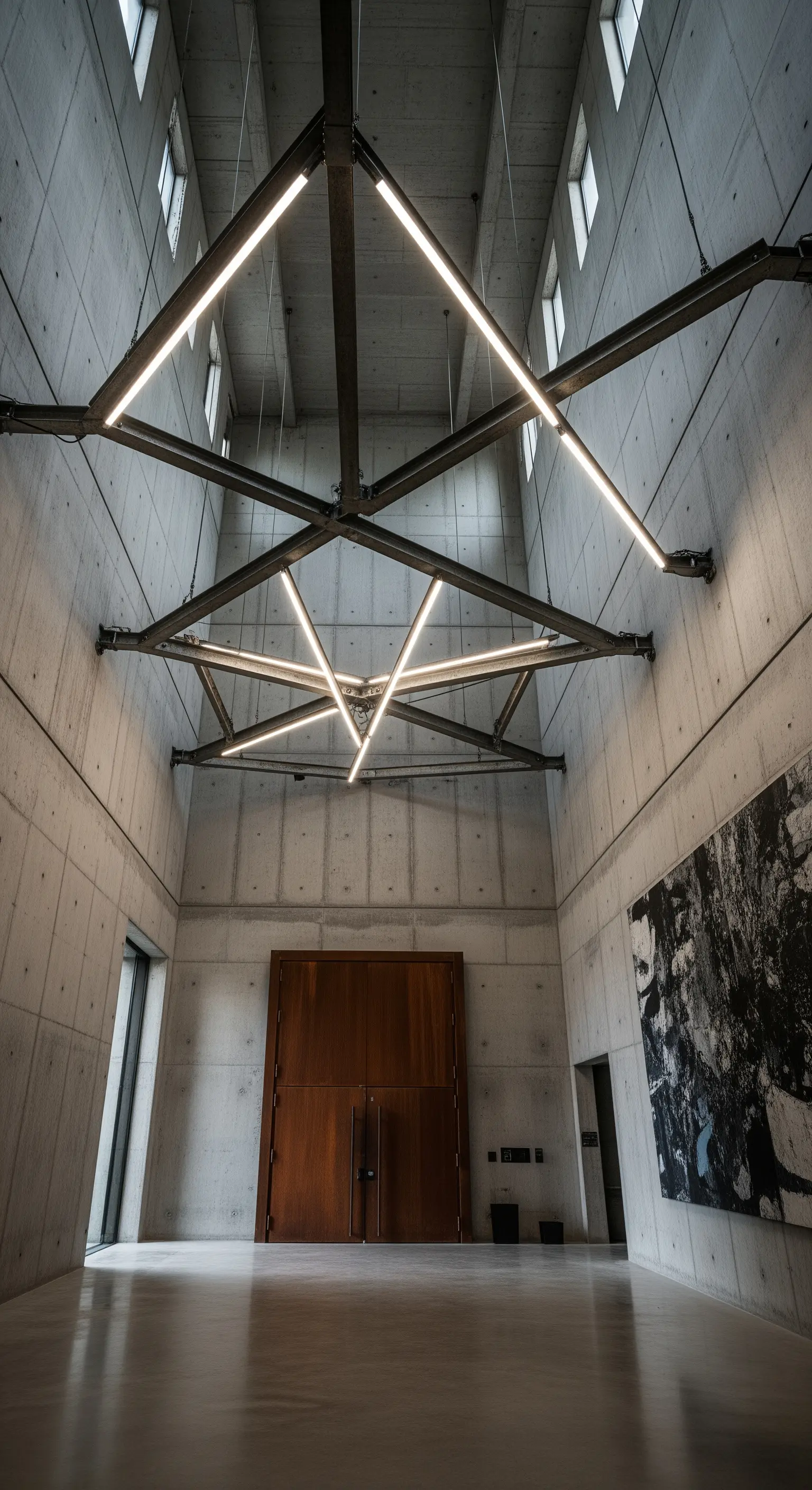 Vasto ingresso in cemento armato con un'installazione luminosa a LED a forma di stella sul soffitto.