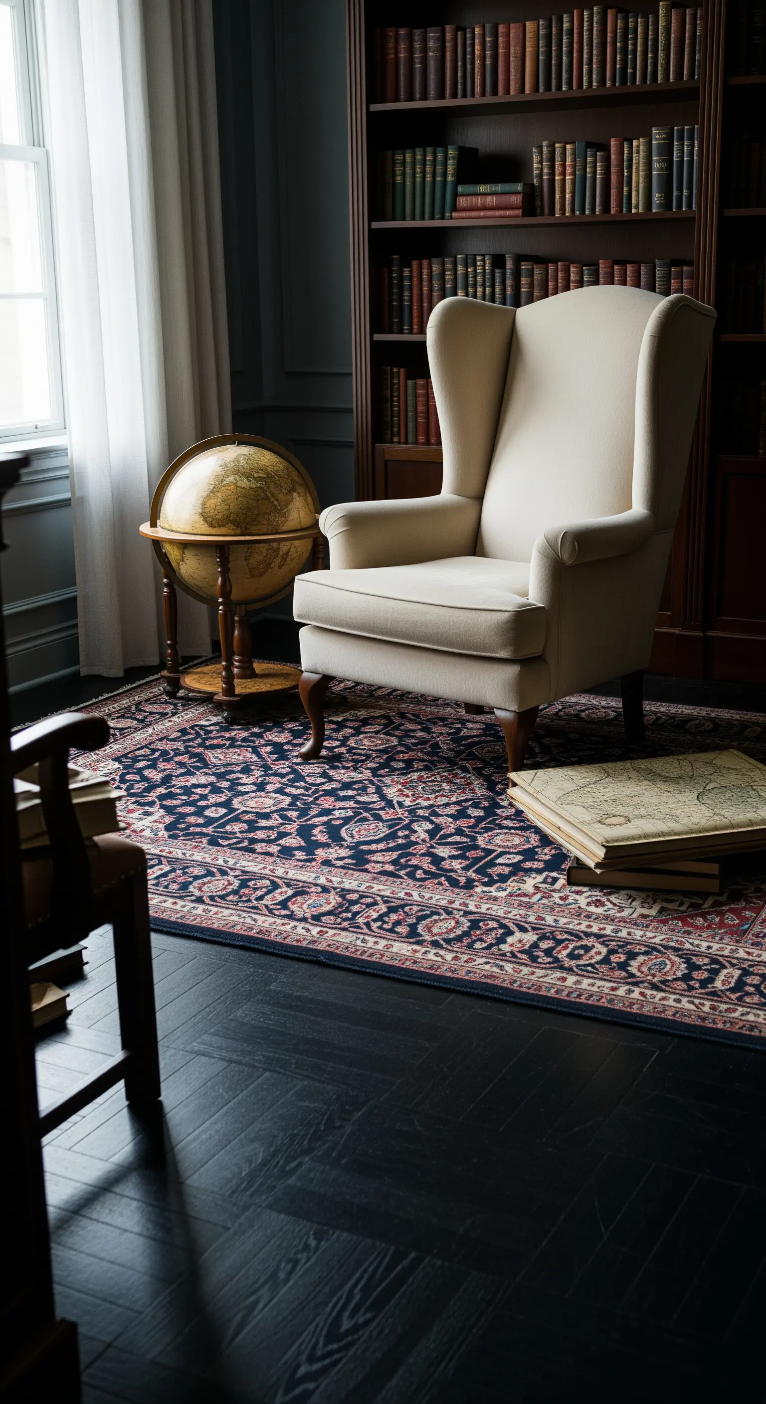Poltrona chiara in uno studio con pareti scure, libreria e un globo terrestre antico.