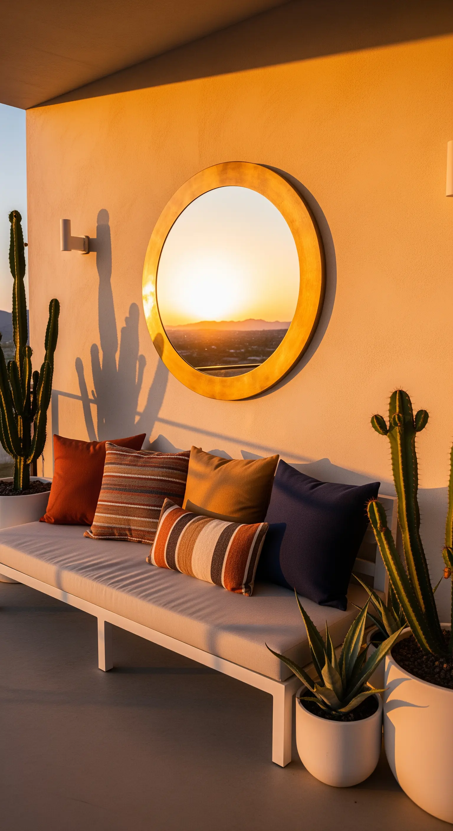Terrazza con cactus, panca con cuscini color terra e specchio rotondo che riflette il tramonto.