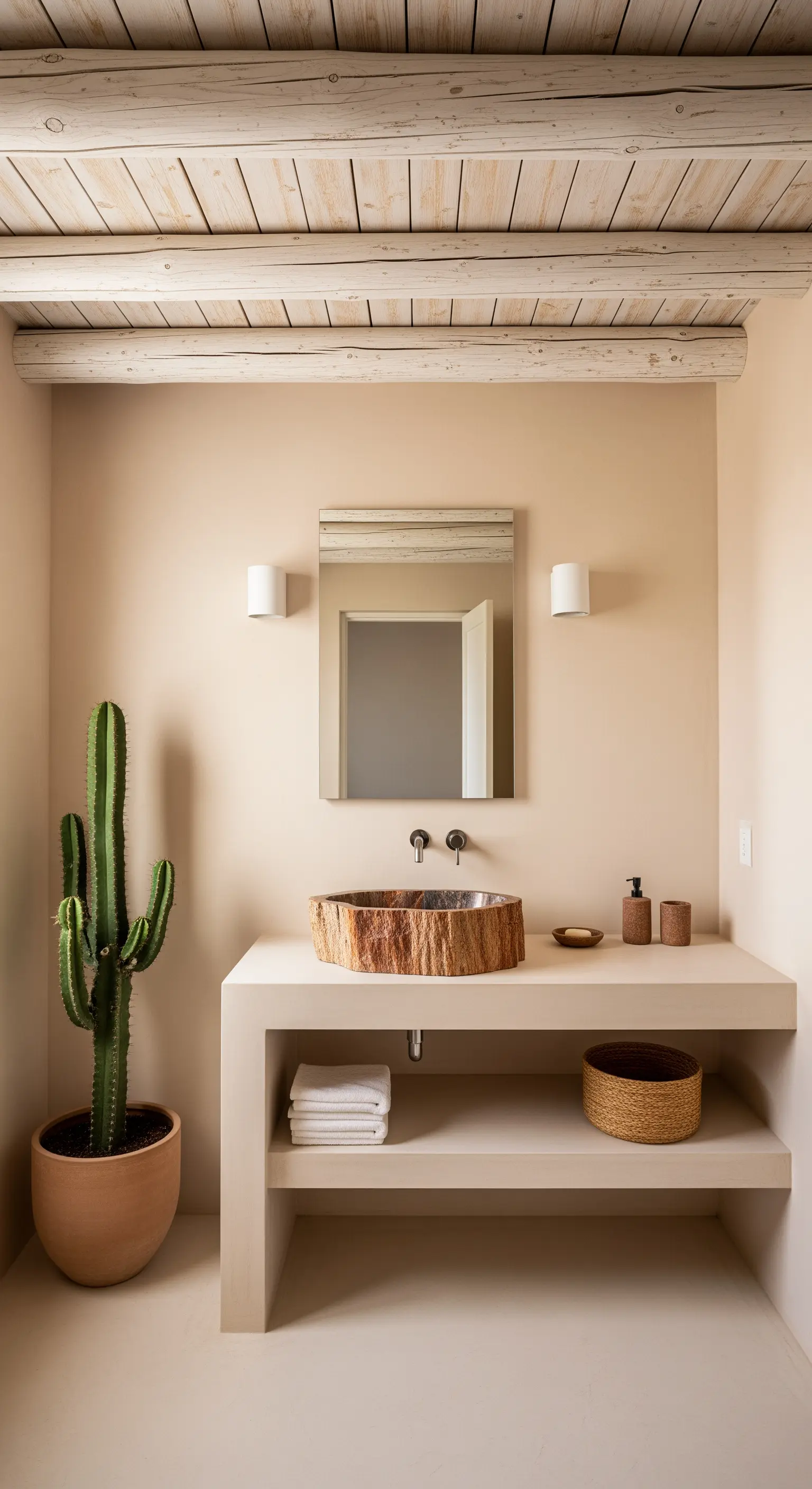 Bagno in stile desert-modern con pareti color sabbia e lavabo ricavato da un tronco.
