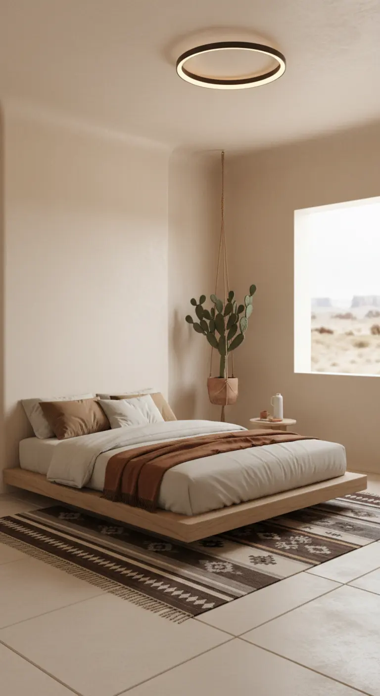 Camera minimalista con toni della terra, letto basso e un cactus sospeso.