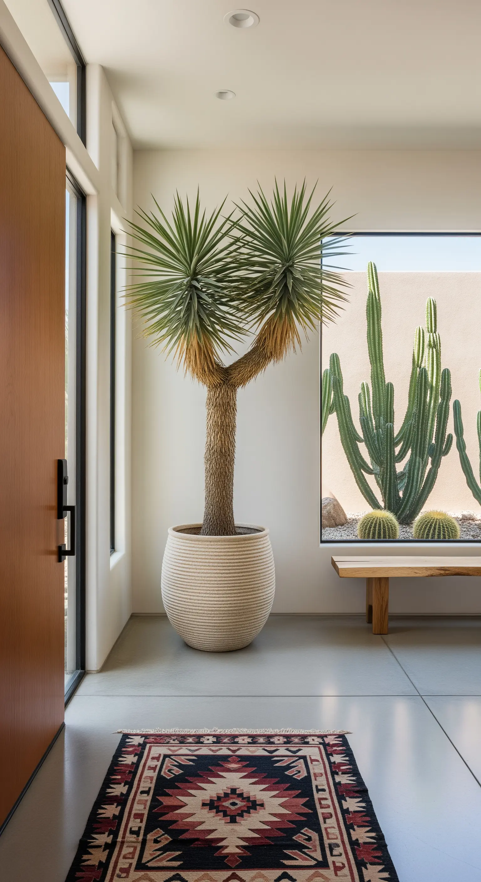 Grande Yucca in un vaso color sabbia in un ingresso moderno con pavimento in cemento e tappeto etnico.