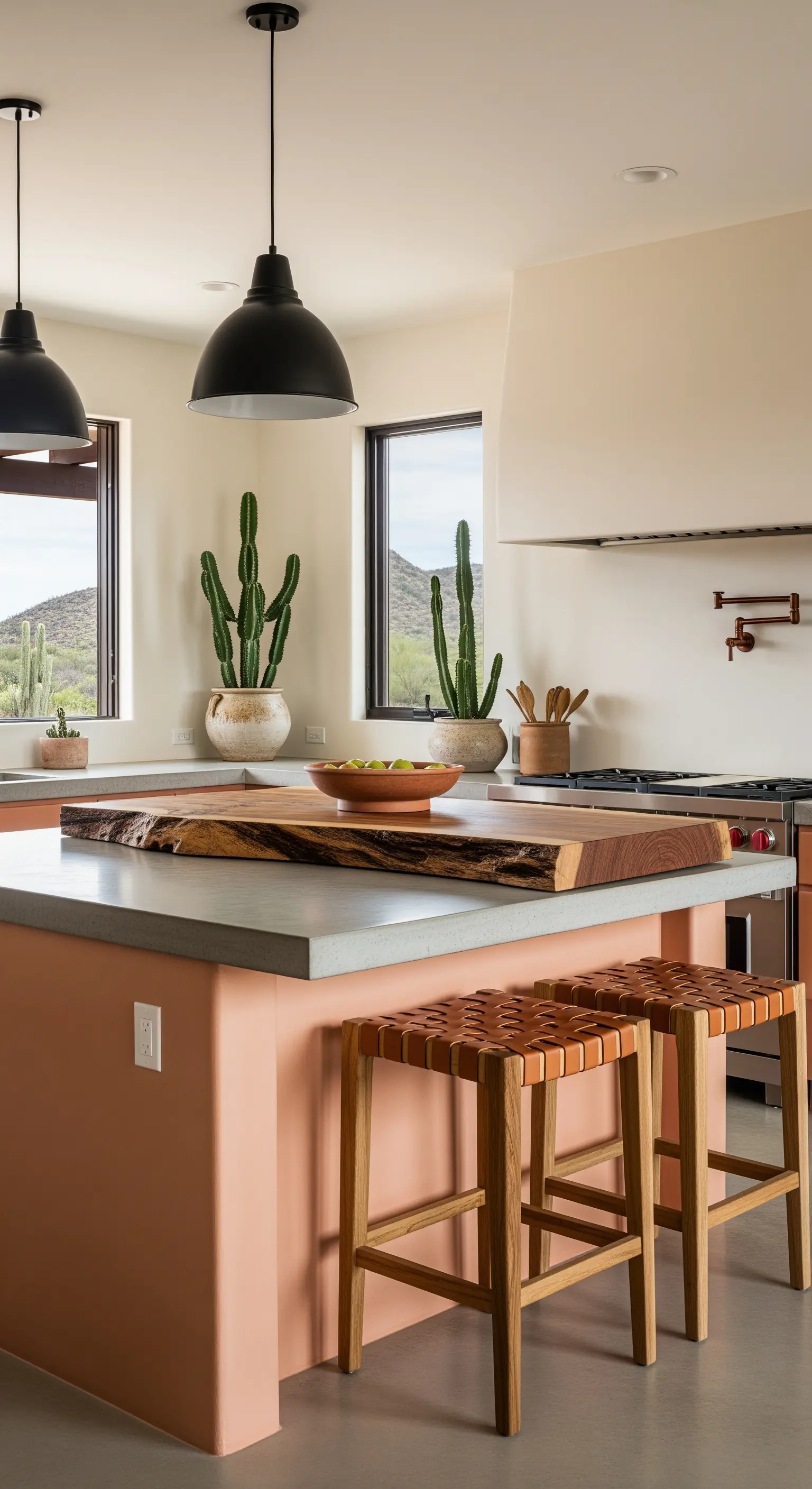 Isola color terracotta con top in cemento, alzata in legno e sgabelli in cuoio intrecciato.