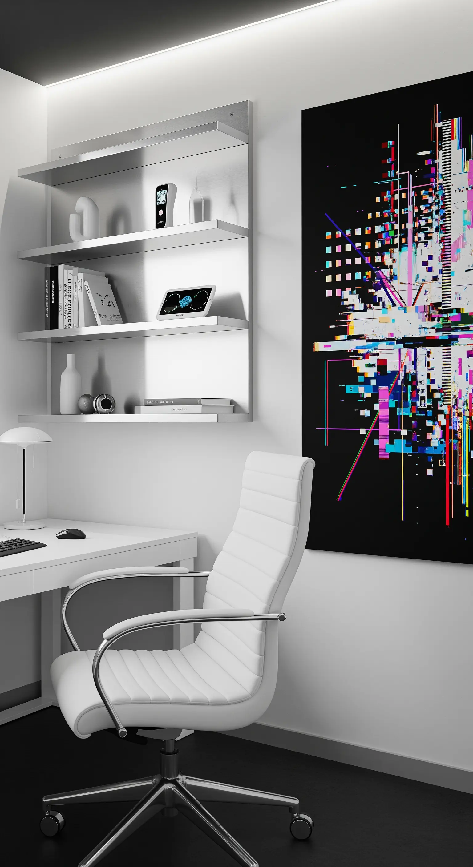Ufficio futuristico con scrivania e mensole bianche e argento e un quadro di 'glitch art'.