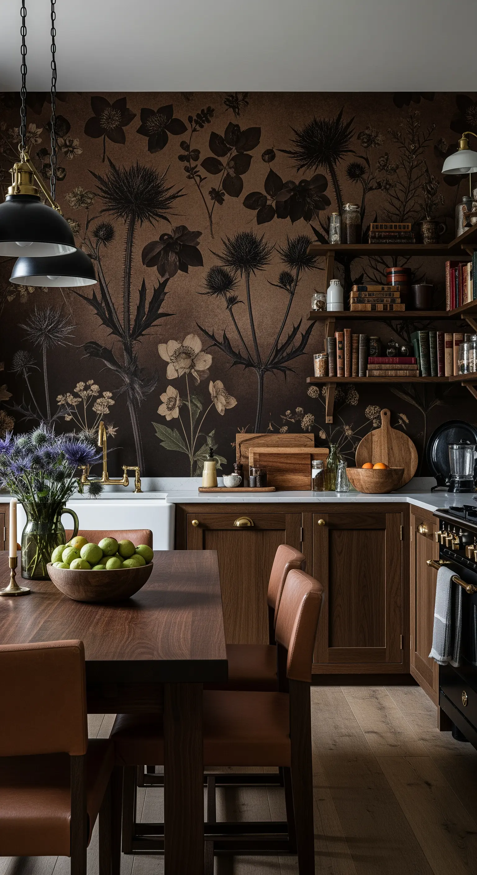 Cucina in legno scuro con carta da parati a tema illustrazioni botaniche vintage.