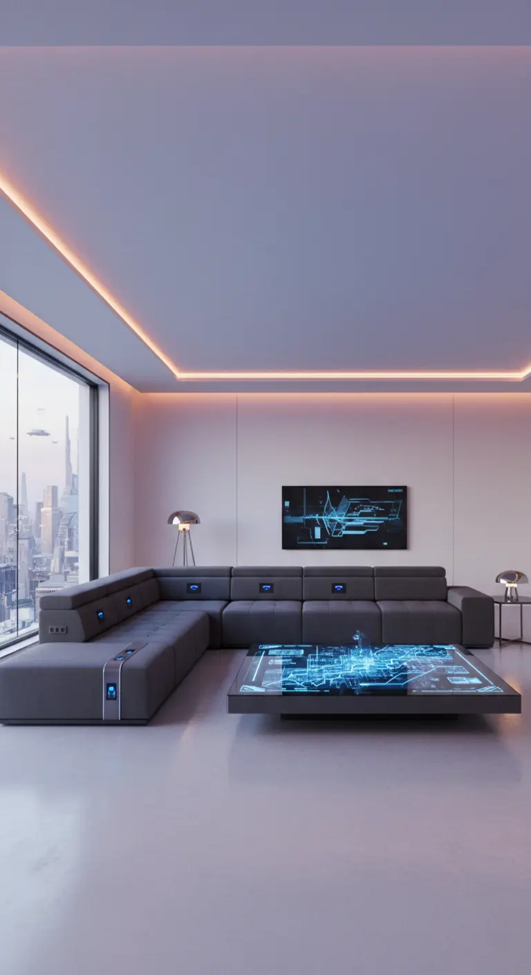Soggiorno futuristico con divano grigio tecnologico, tavolino con display olografico e luci a LED.