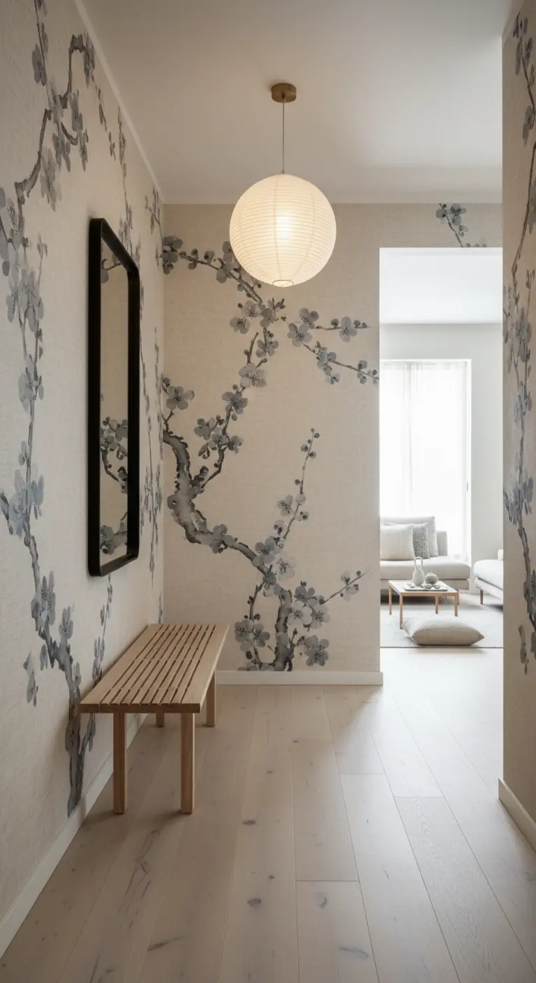 Corridoio minimalista con carta da parati a rami di ciliegio in stile giapponese e panca in legno.