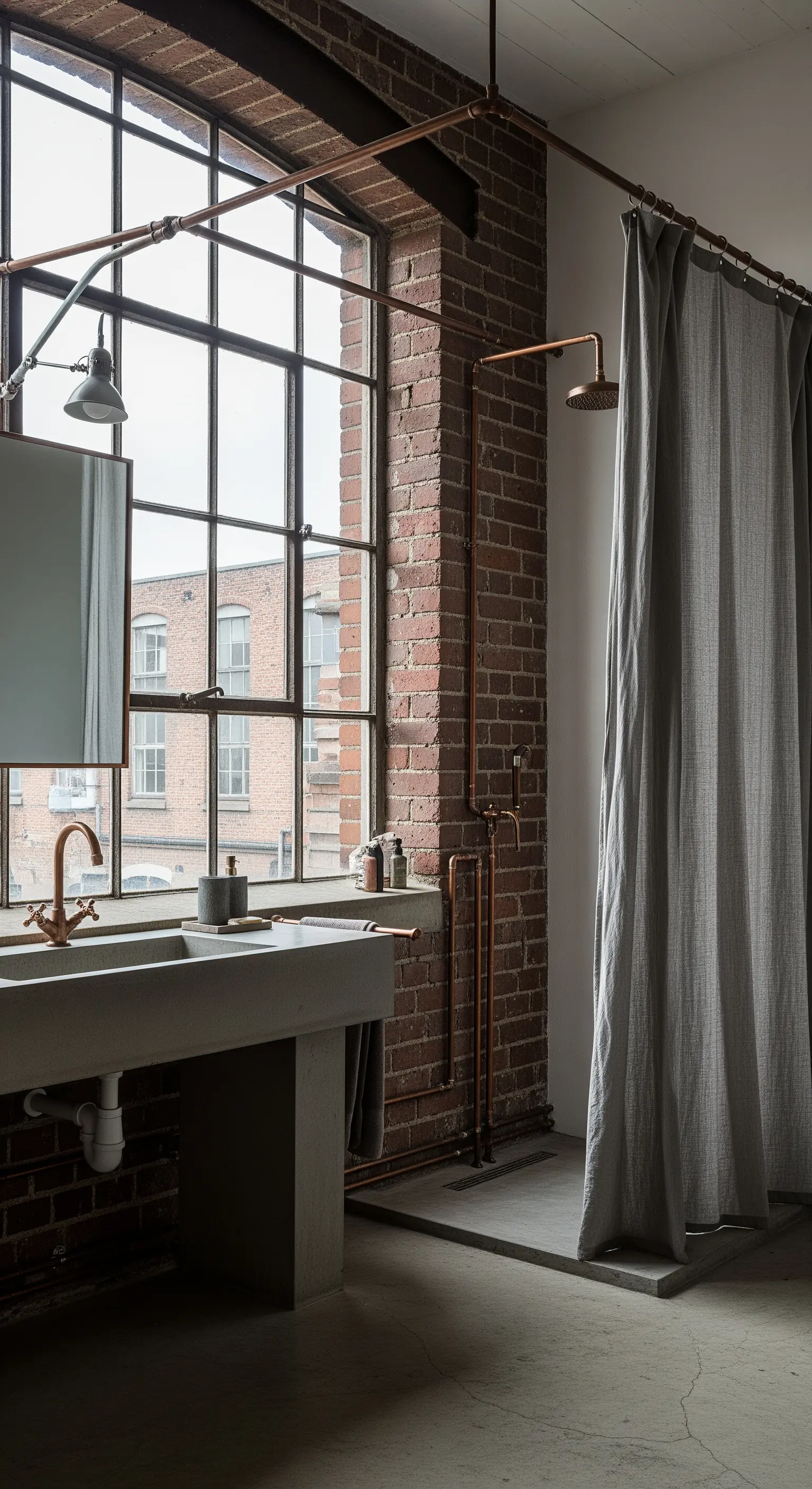 Bagno industriale con lavabo in cemento, tubi in rame a vista e tenda doccia in lino grigio.
