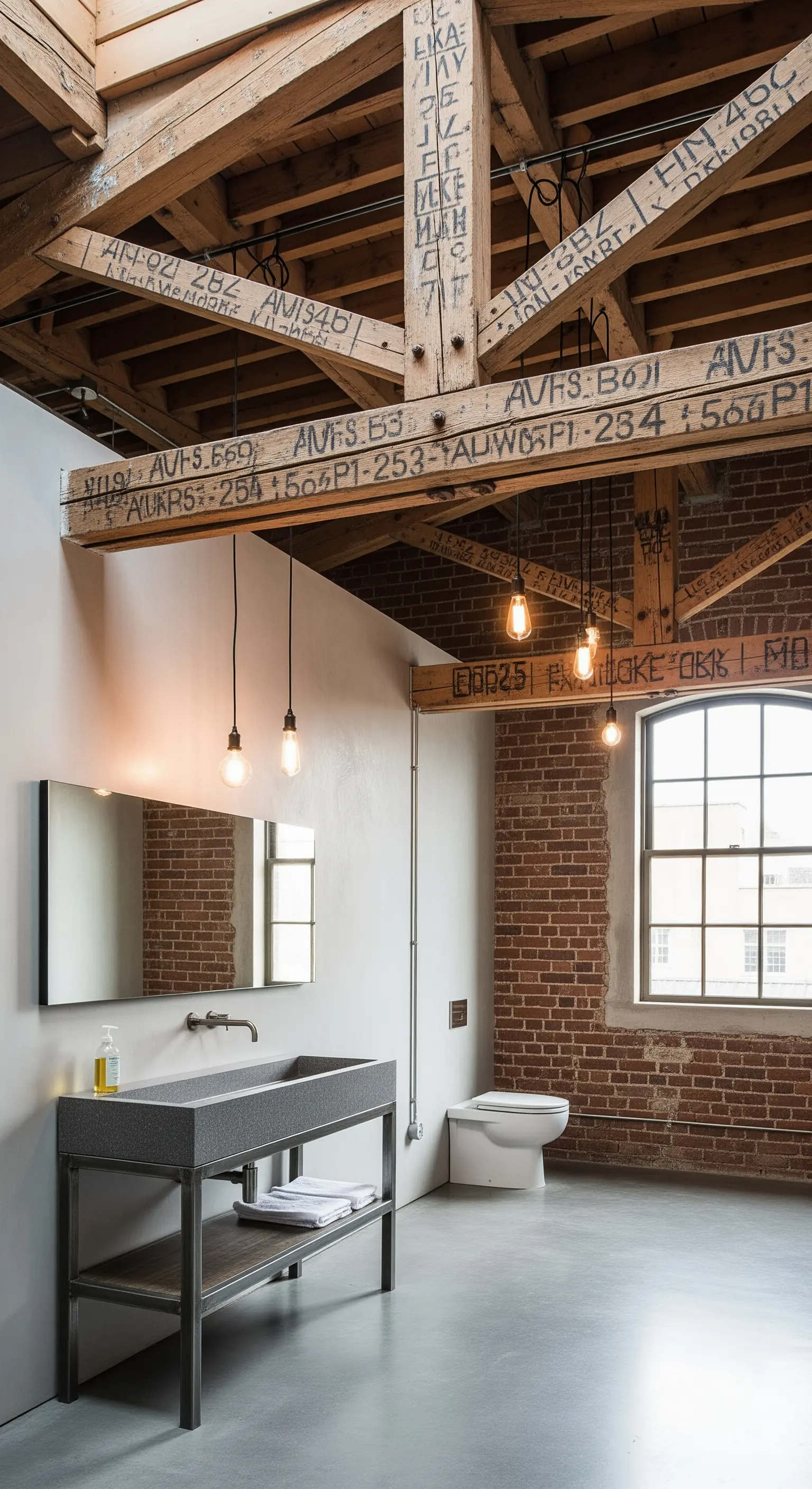 Bagno in stile loft industriale con travi in legno, mattoni a vista e lavabo in cemento.