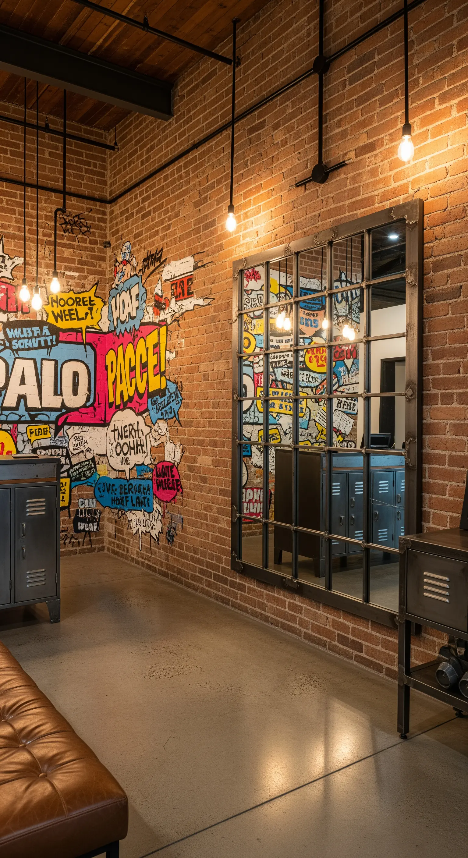 Ingresso industrial con parete in mattoni, murale street art e grande specchio con griglia metallica.