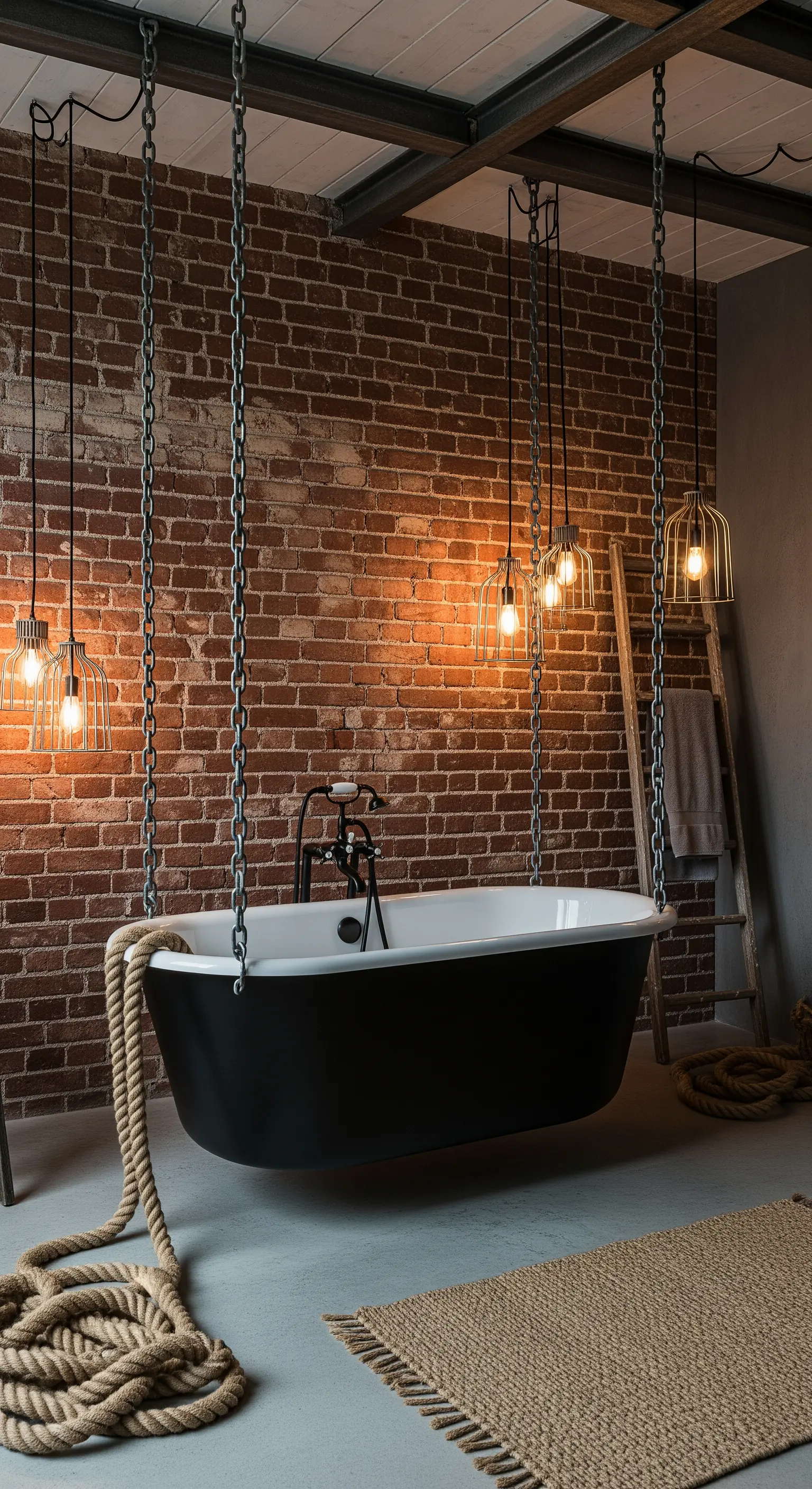 Vasca nera sospesa con catene metalliche in un bagno con mattoni a vista e luci industriali.