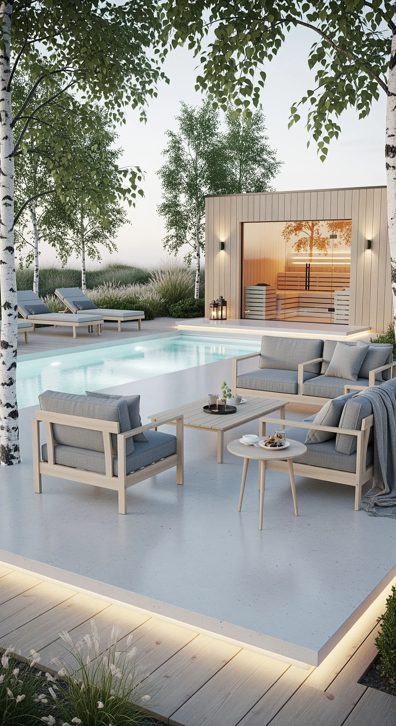 Giardino in stile scandinavo con piscina, sauna in legno e arredi minimalisti grigi.