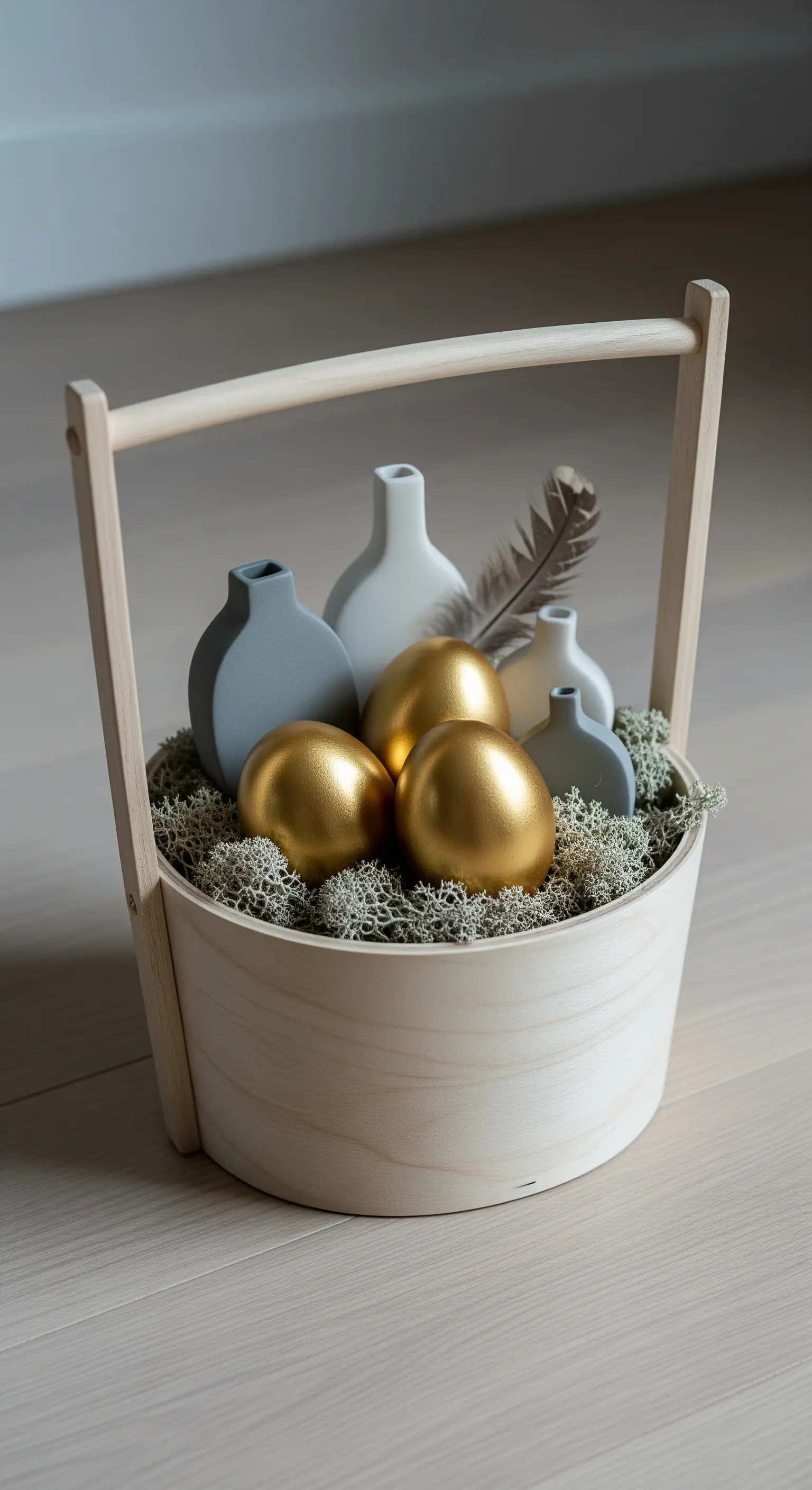 Cesto in legno chiaro con muschio, uova dorate, mini vasi in ceramica e una piuma.