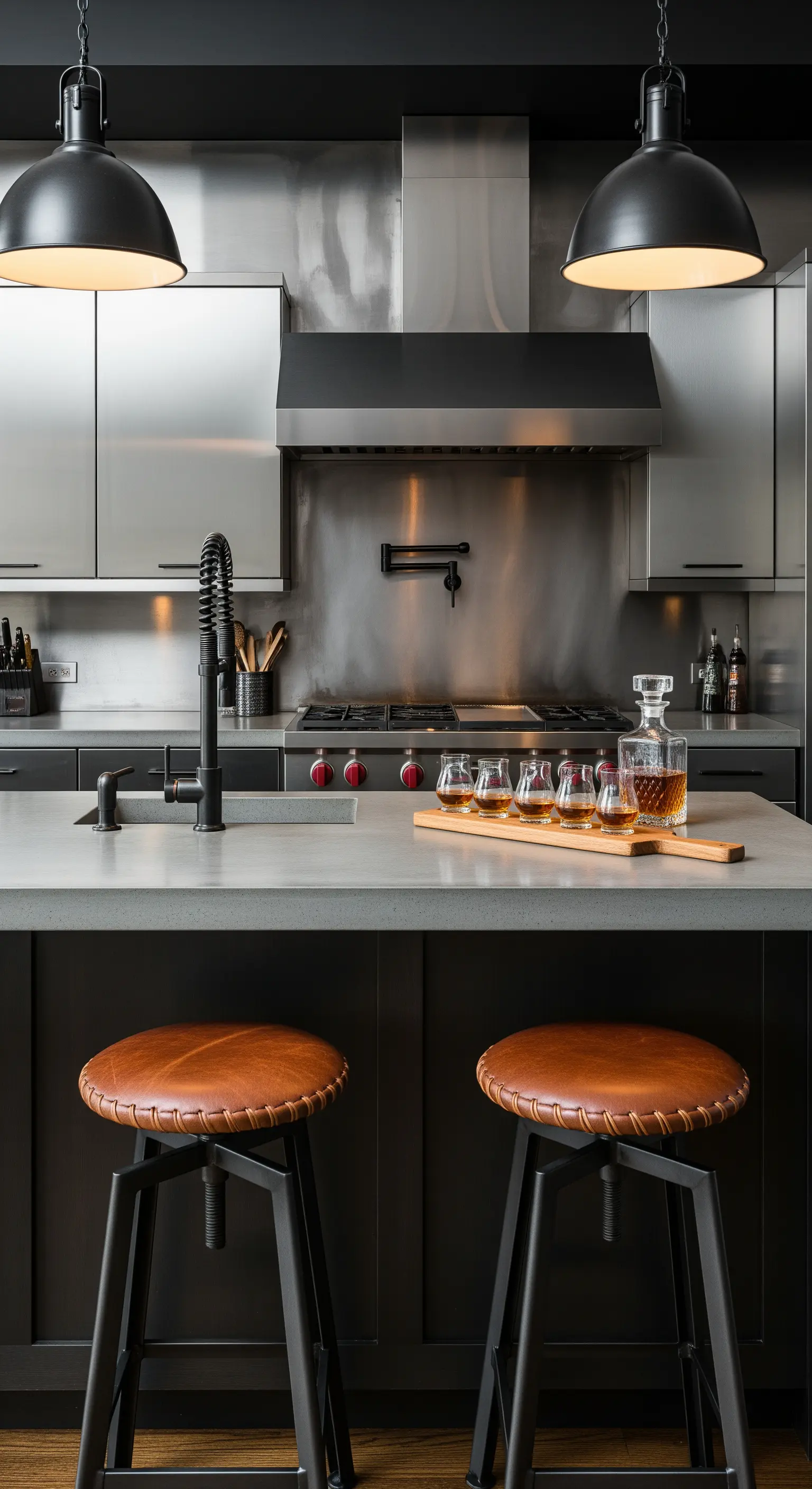 Cucina in stile professionale con acciaio inox, top in cemento e sgabelli in pelle cucita.