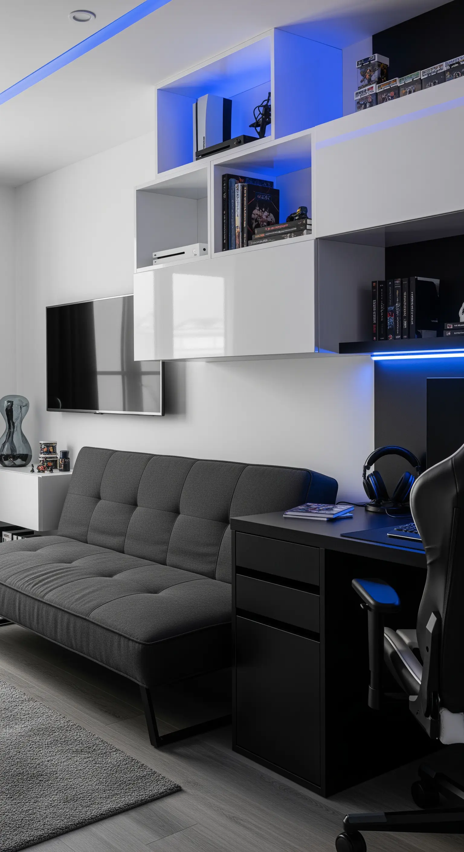 Salotto moderno con divano grigio, mobili bianchi e neri e illuminazione a LED blu.