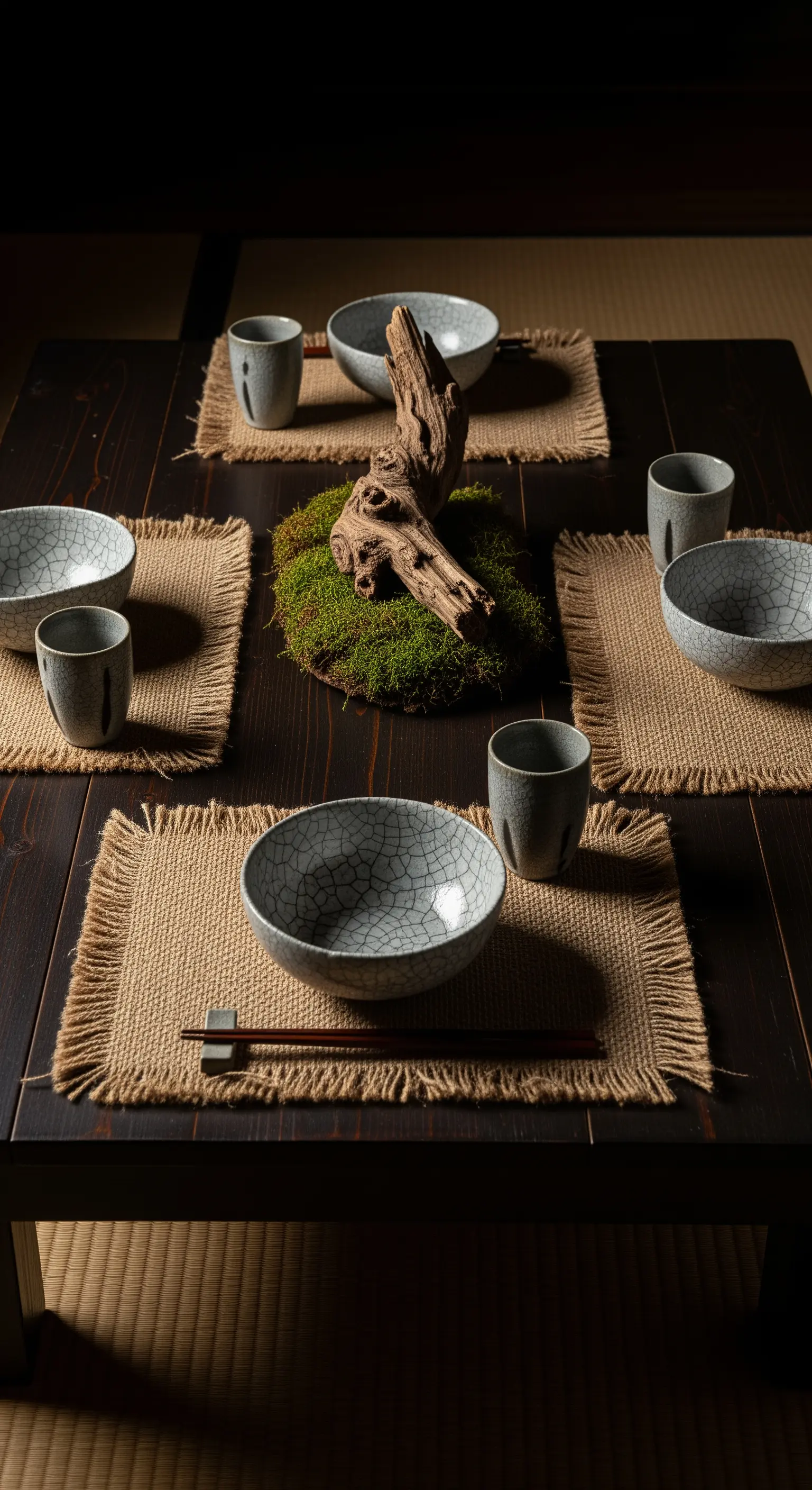 Allestimento in stile giapponese con ceramica craquelé e centrotavola di muschio e legno.