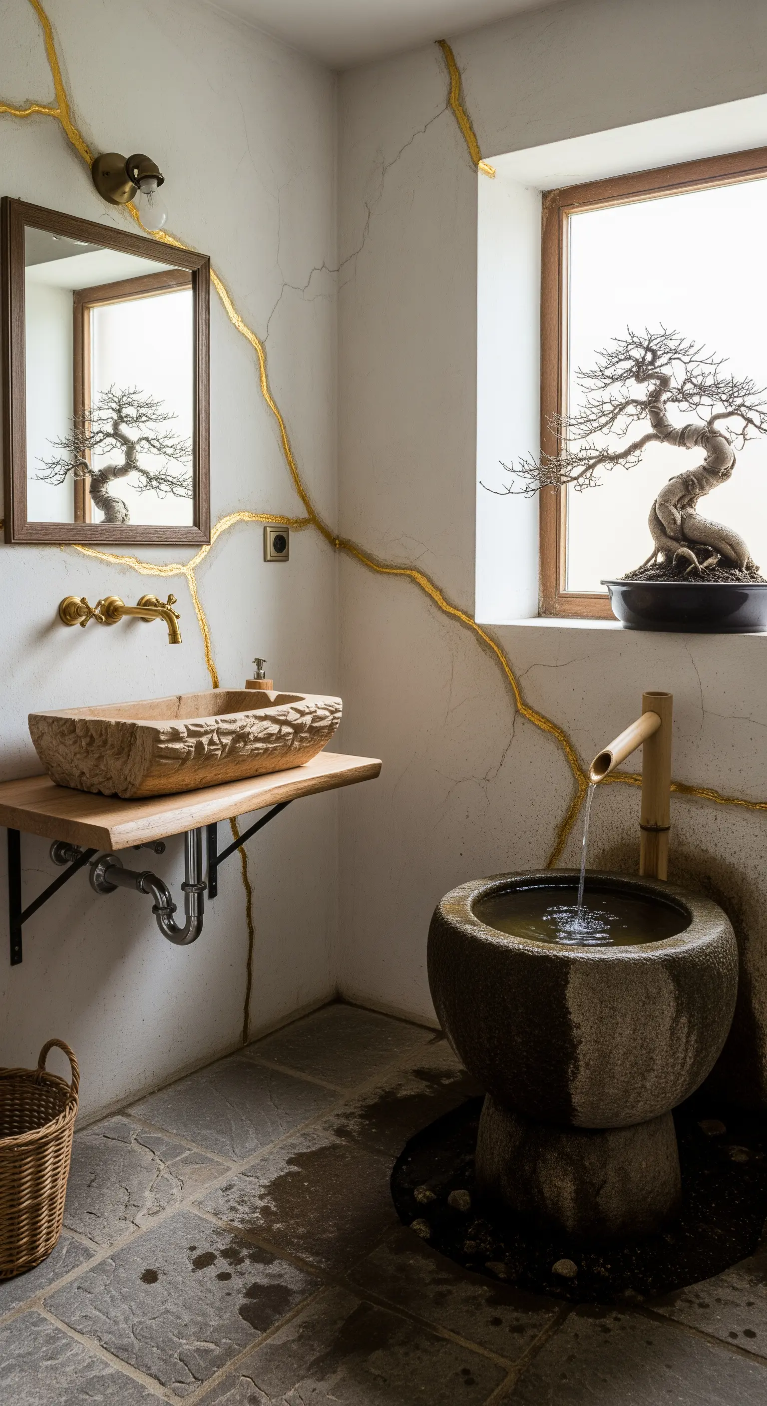 Bagno in stile wabi-sabi con pareti crepate e dorate, lavabo in pietra grezza e bonsai.