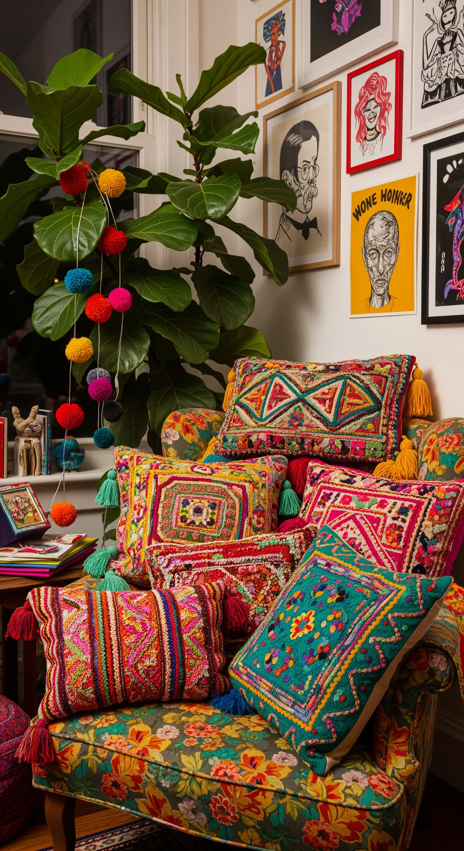 Poltrona con motivo floreale coperta da cuscini etnici ricamati e colorati.