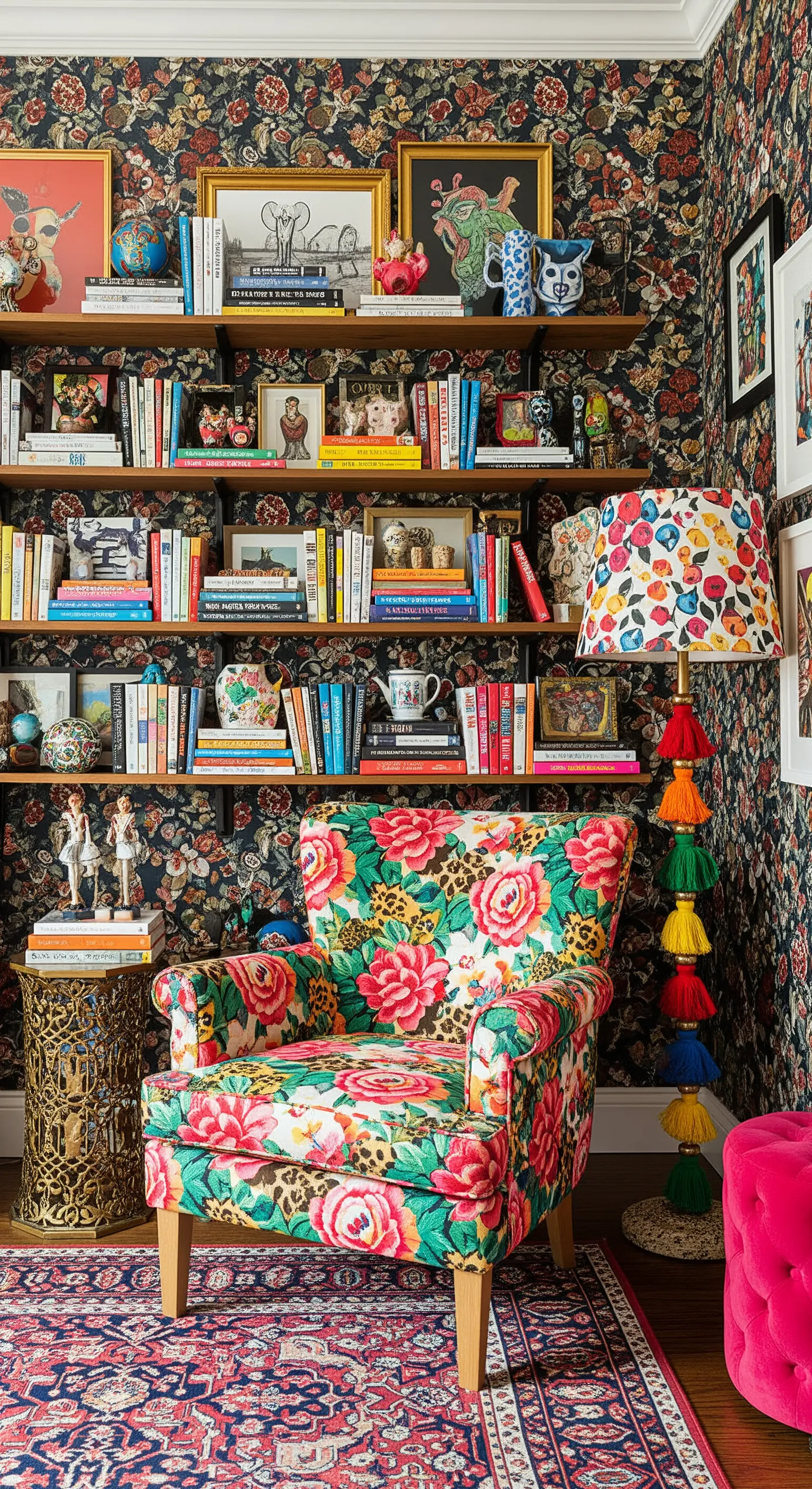 Poltrona floreale in un ambiente massimalista con carta da parati e lampada colorata.