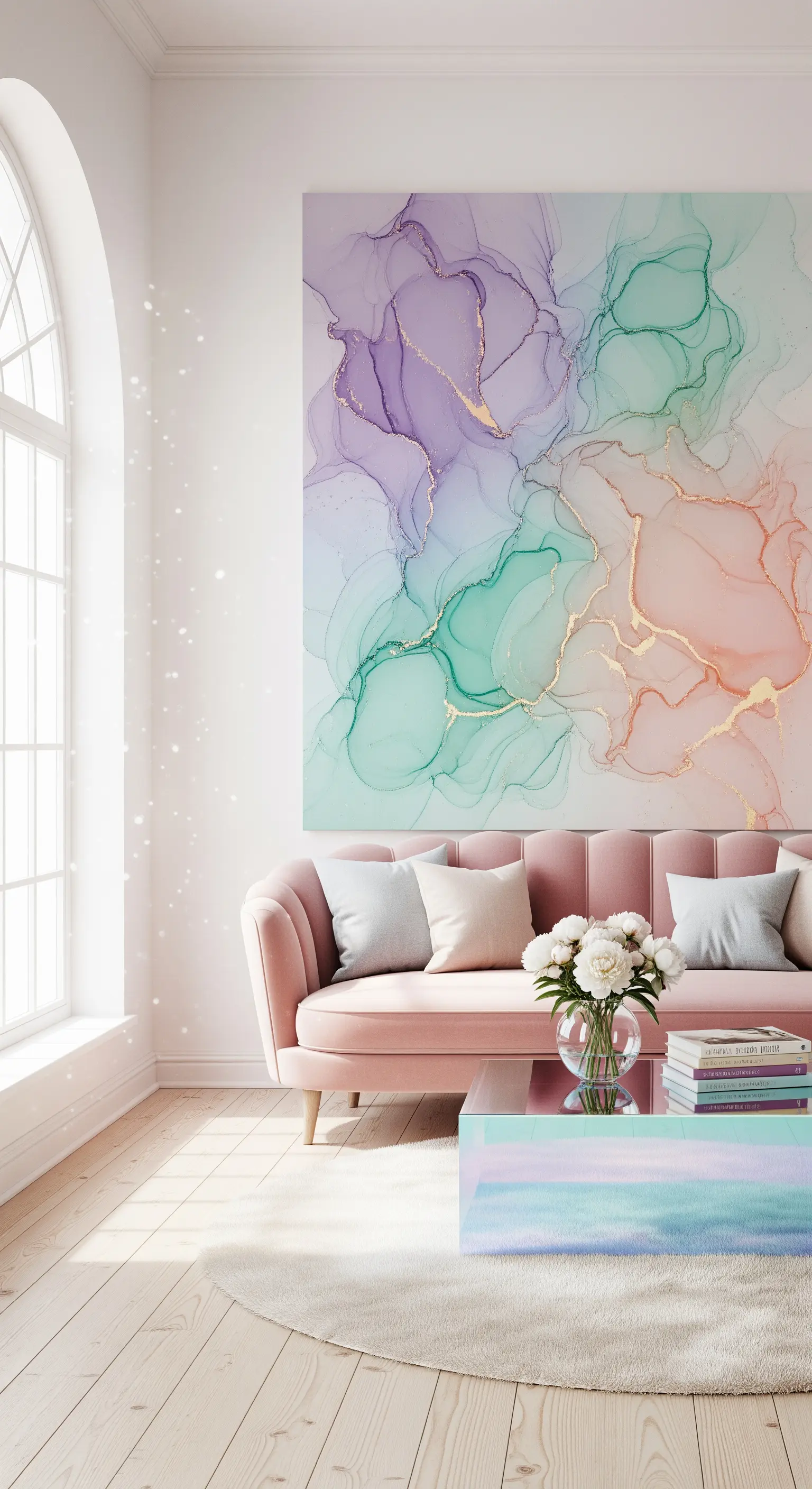 Quadro astratto dai colori pastello e acquerellati in un soggiorno luminoso con divano rosa.