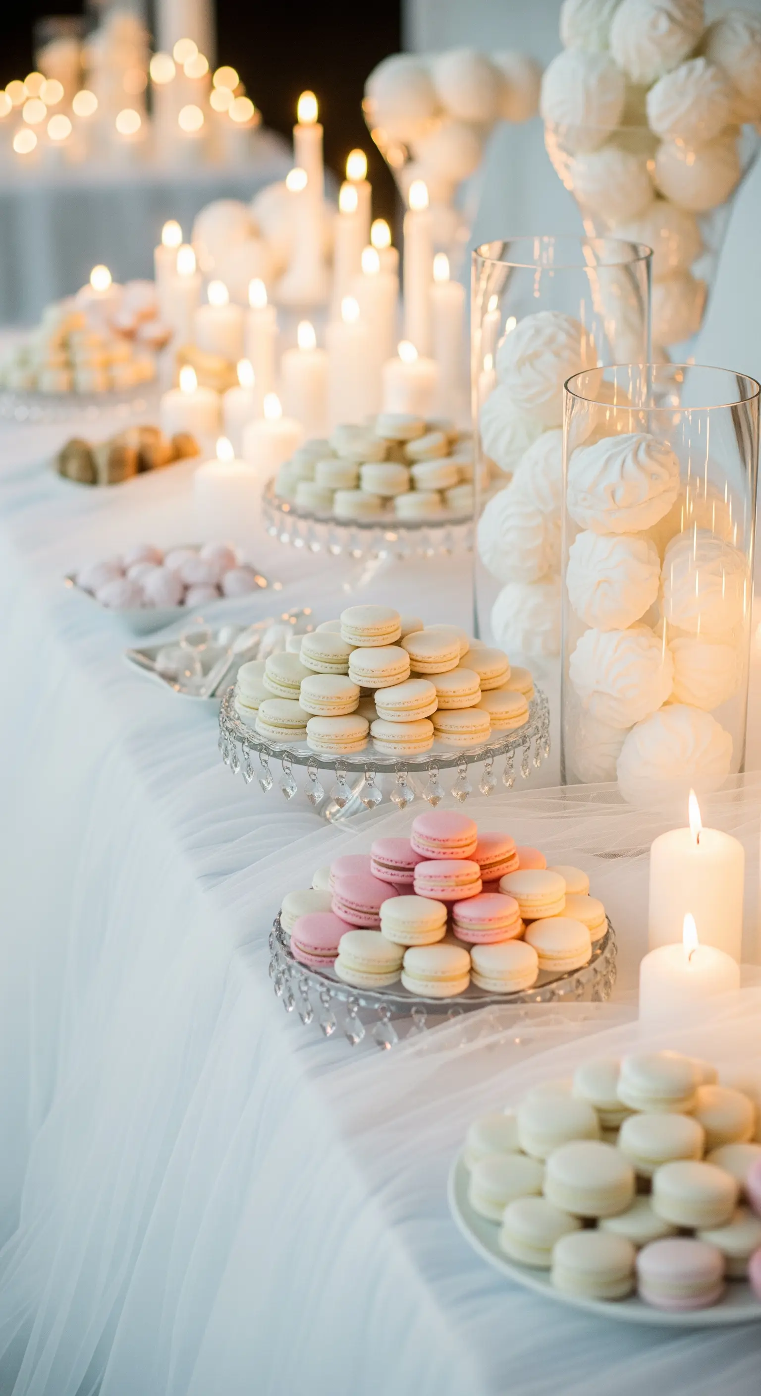 Buffet di dolci bianchi su un tavolo coperto di tulle, illuminato da decine di candele accese.