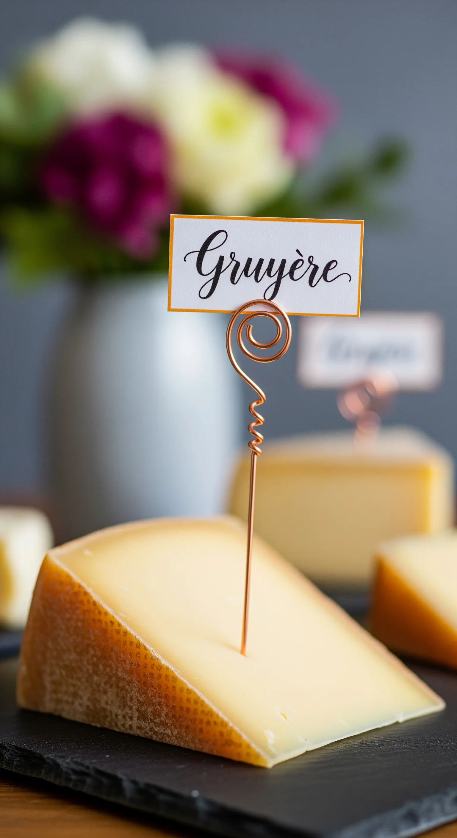 Spicchio di formaggio Gruyère con un'etichetta sostenuta da un filo di rame.