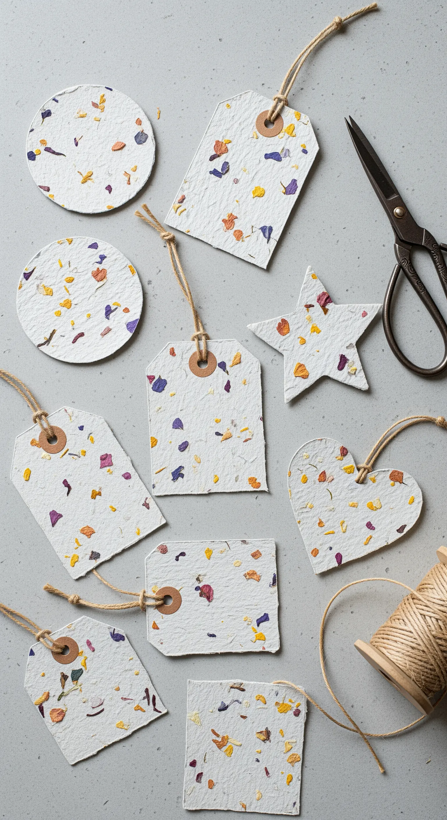 Etichette regalo di varie forme, realizzate a mano con carta riciclata contenente petali e semi.