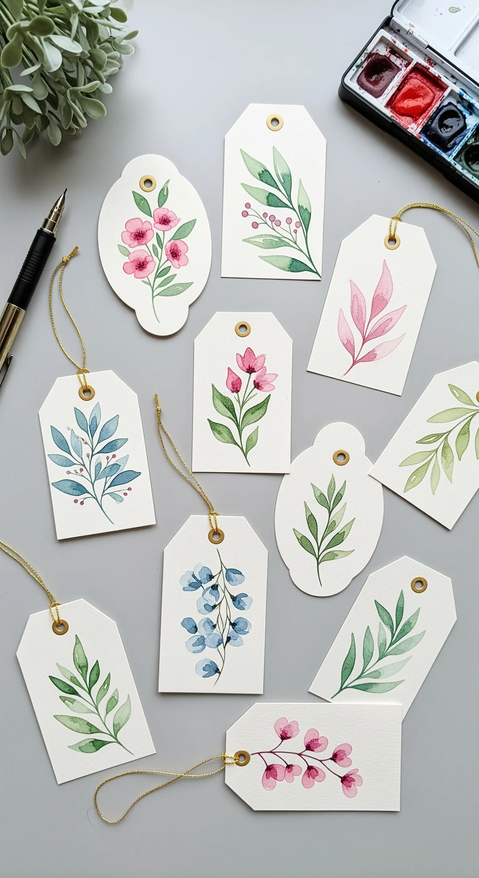 Una collezione di etichette regalo bianche dipinte a mano con fiori e foglie ad acquerello.