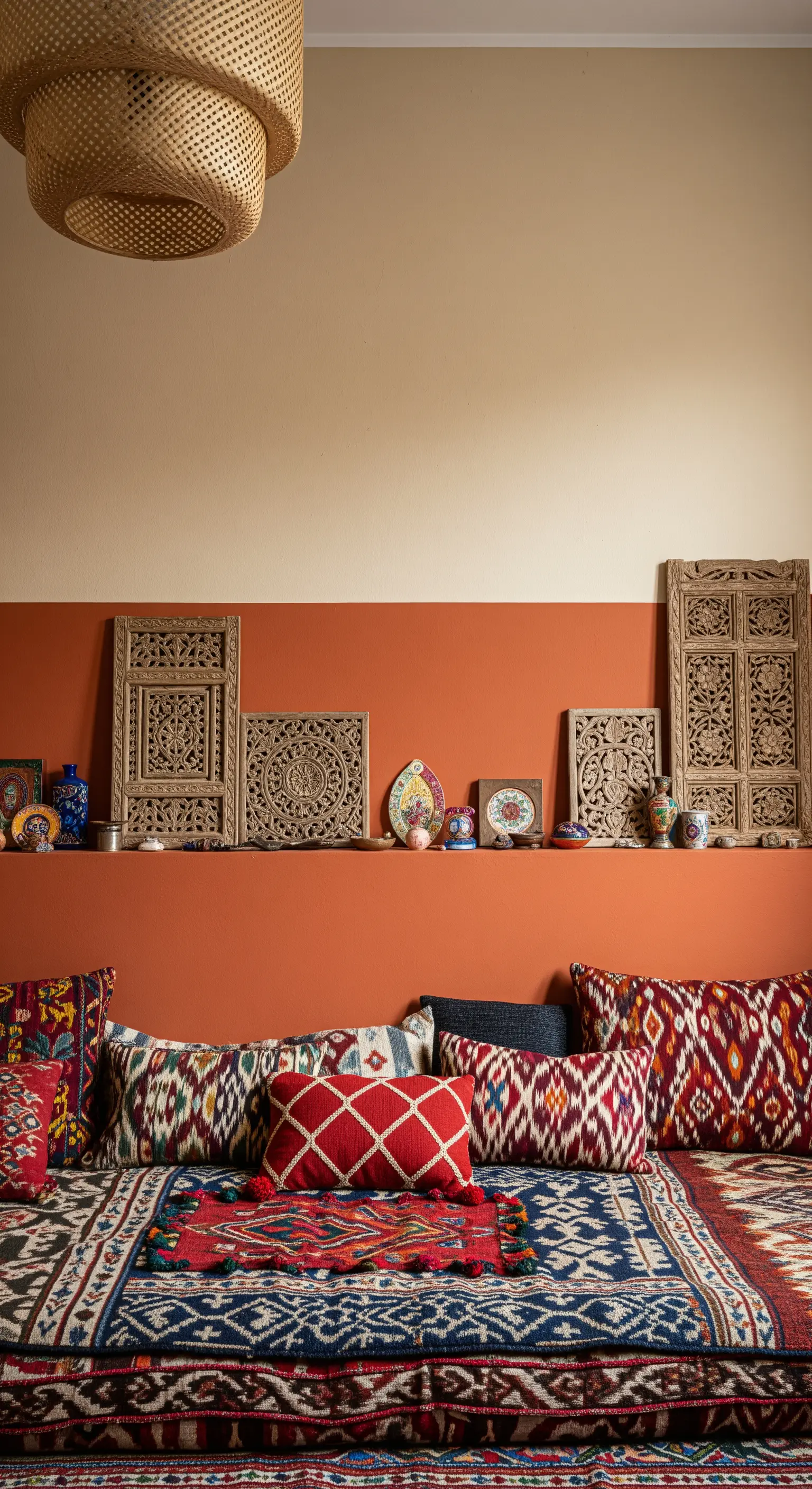 Salotto etnico con parete bicolore terracotta e beige, e una collezione di pannelli in legno.