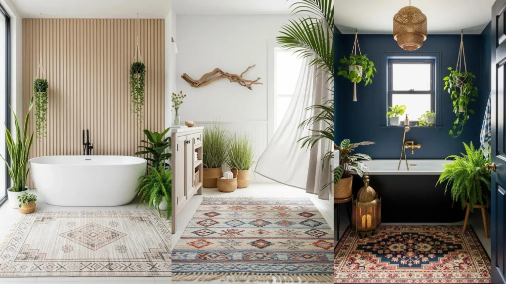 Tre bagni etnico-moderni con tappeti colorati, tessuti e abbondanti piante verdi per un'oasi di relax.