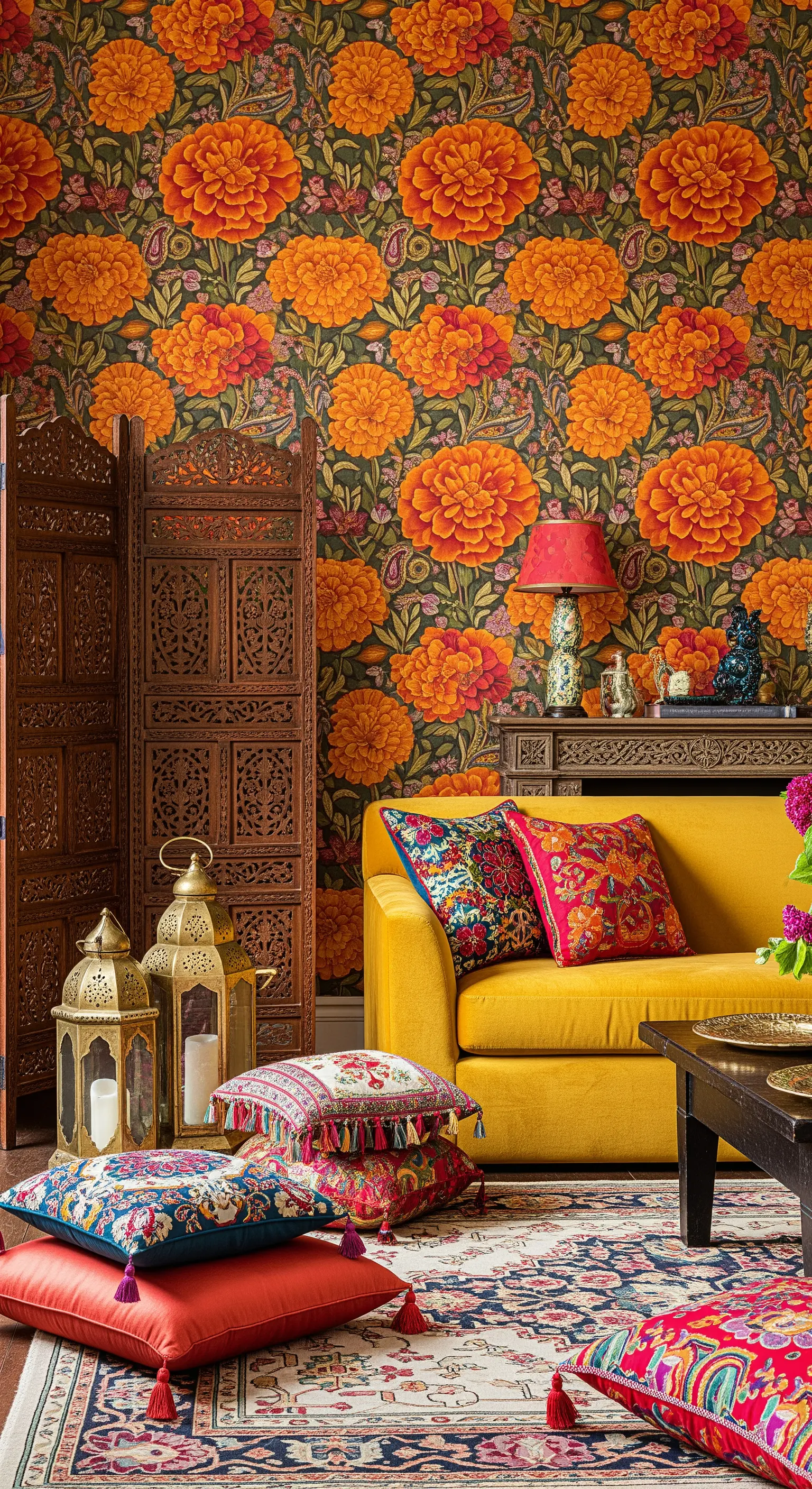Angolo relax in stile etnico con carta da parati a fiori arancioni e divano giallo ocra.