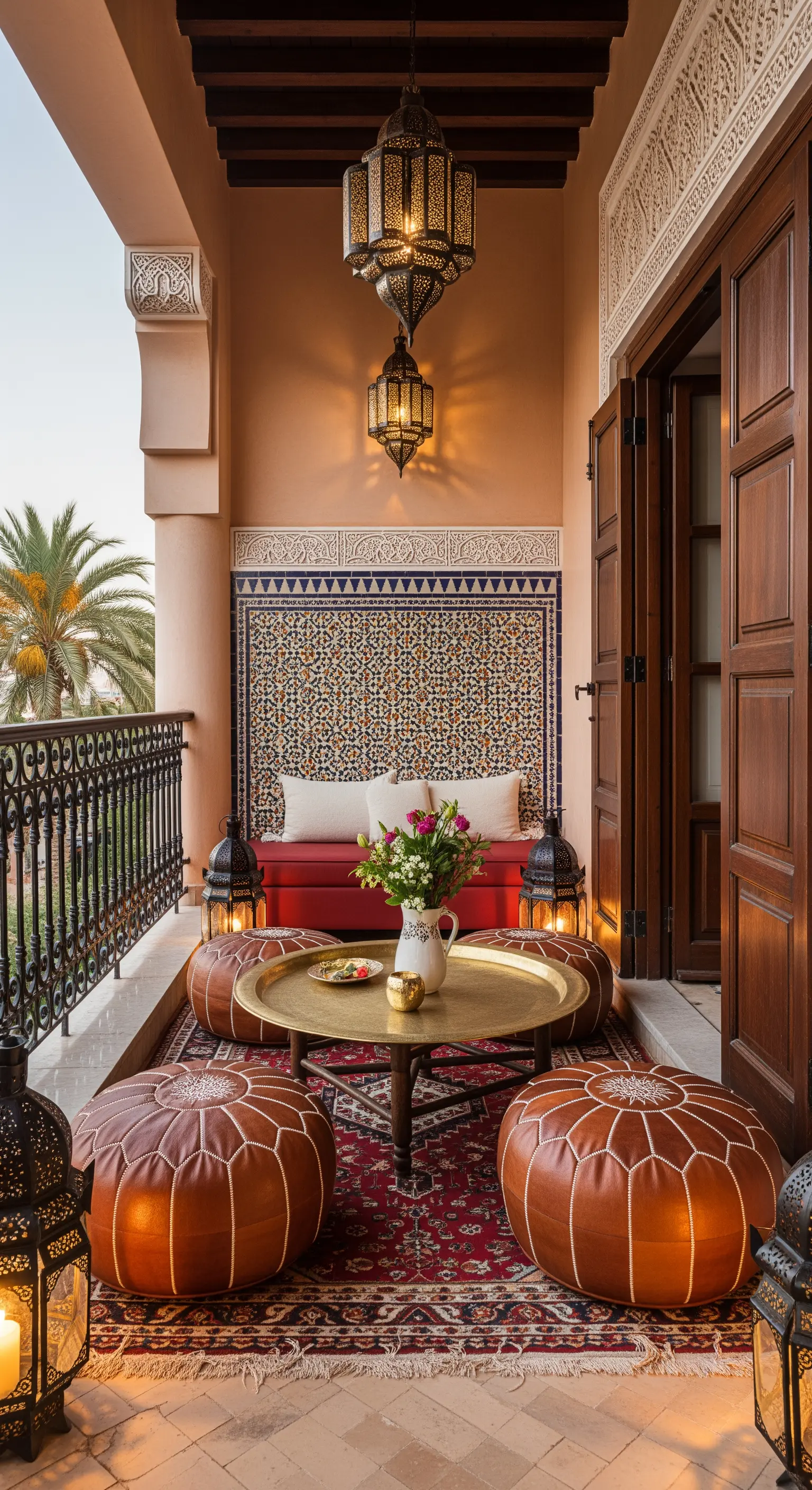 Balcone in stile marocchino con pouf in pelle, tavolo in ottone e lanterne.