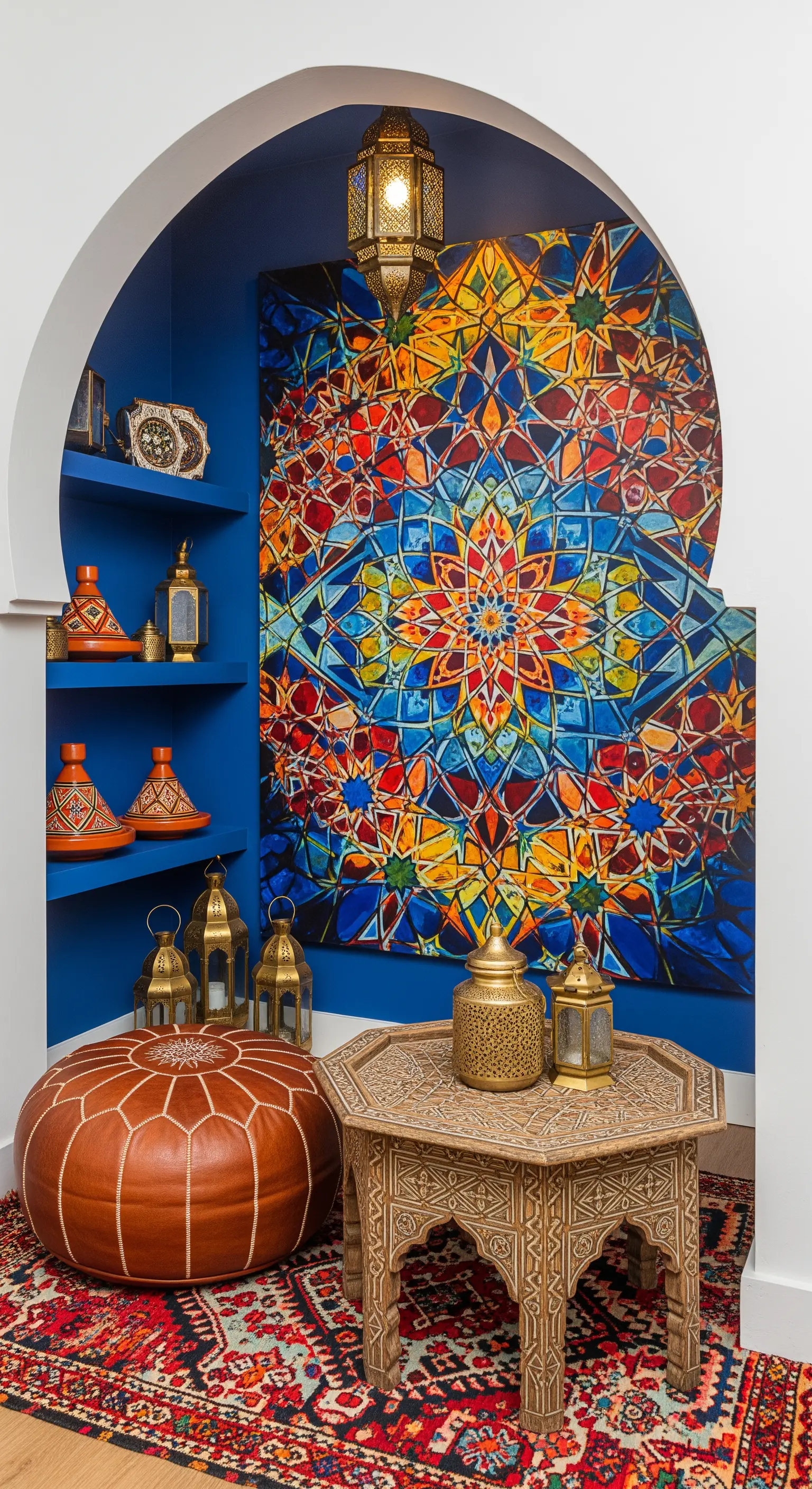 Nicchia ad arco blu con mensole, pouf in pelle e un quadro colorato stile mosaico.