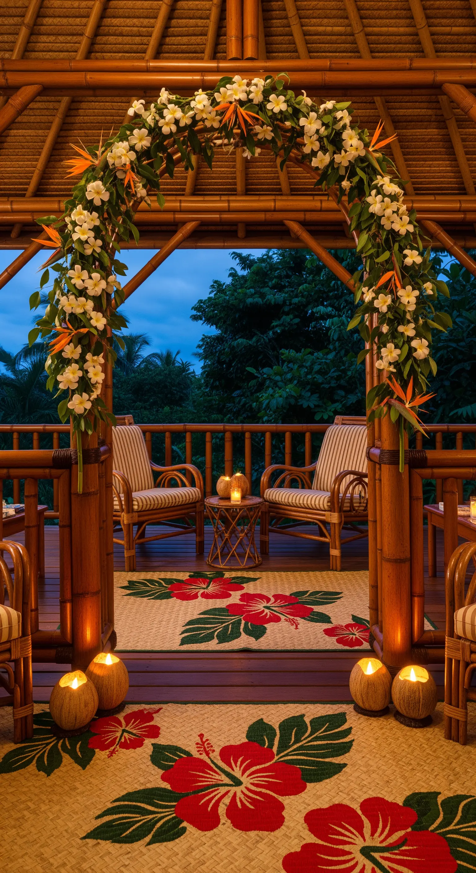 Gazebo in bambù con arco di fiori tropicali, arredi in rattan e tappeti a tema ibisco