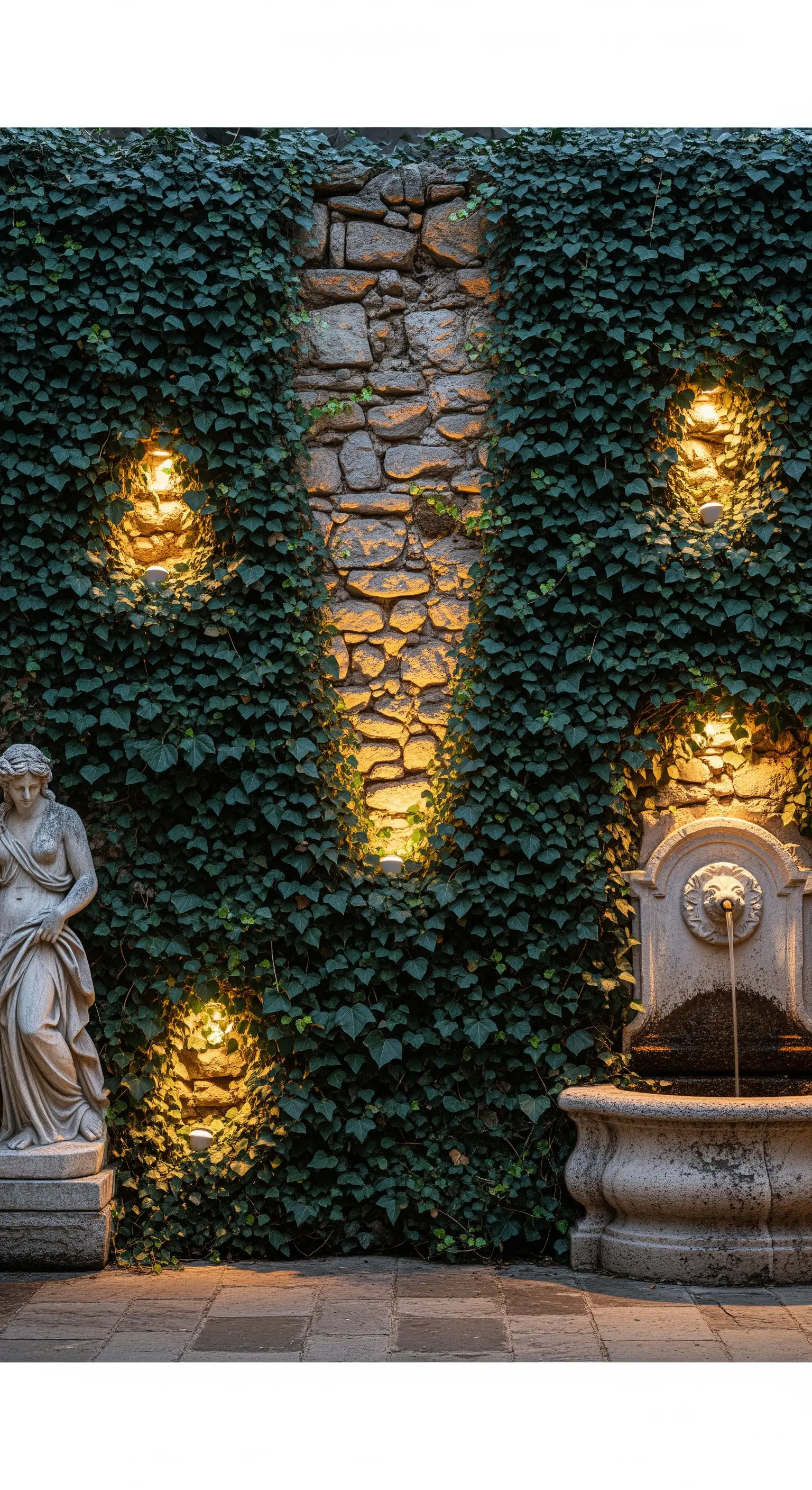 Parete di pietra ed edera con faretti incassati che creano coni di luce calda, accanto a una statua e una fontana.