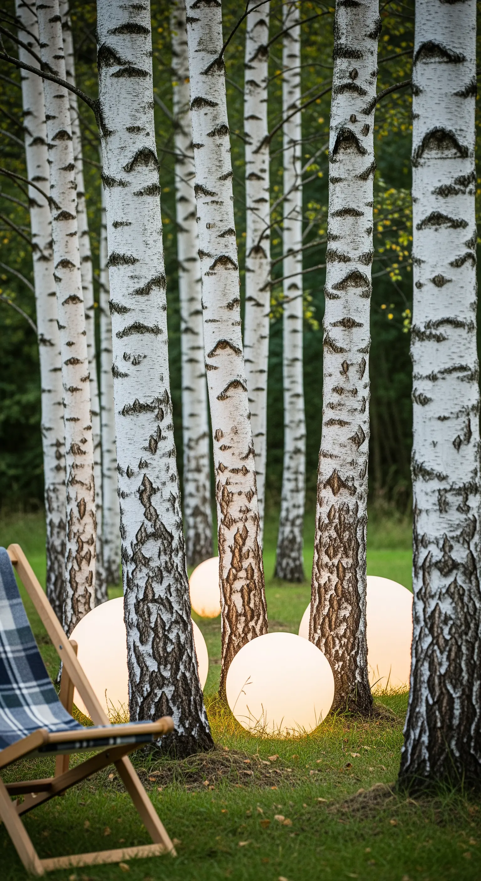 Grandi sfere luminose appoggiate a terra alla base di un boschetto di betulle.
