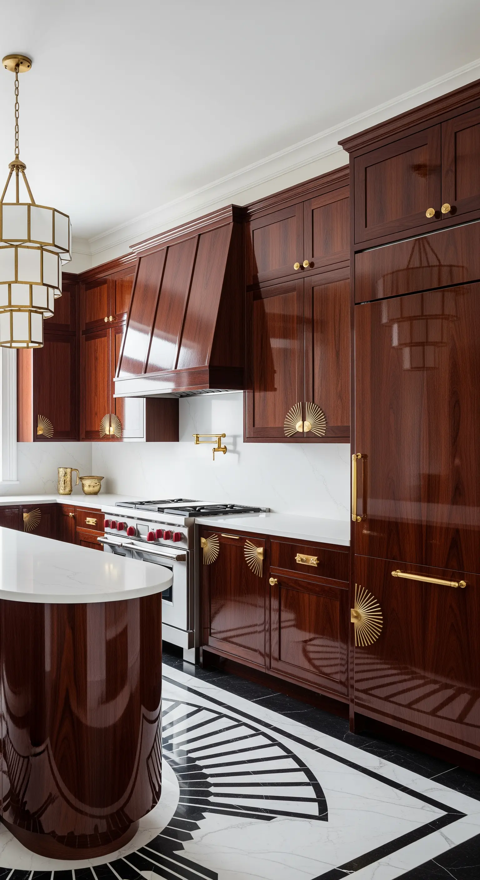 Cucina Art Déco con mobili in legno laccato lucido e pavimento optical bianco e nero.