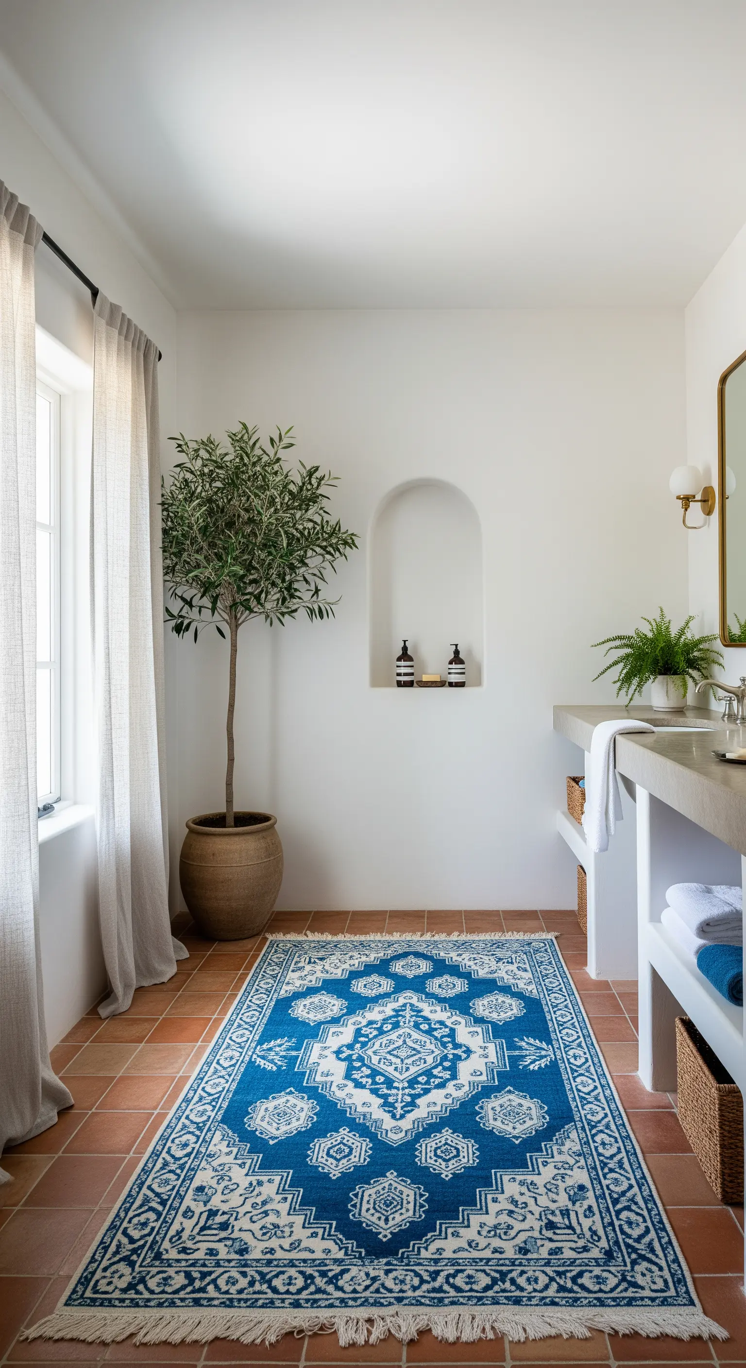 Bagno in stile mediterraneo con pavimento in cotto e un grande tappeto blu e bianco.
