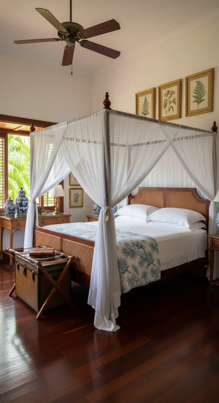 Camera in stile coloniale con letto a baldacchino in legno scuro e dettagli bianchi e blu.