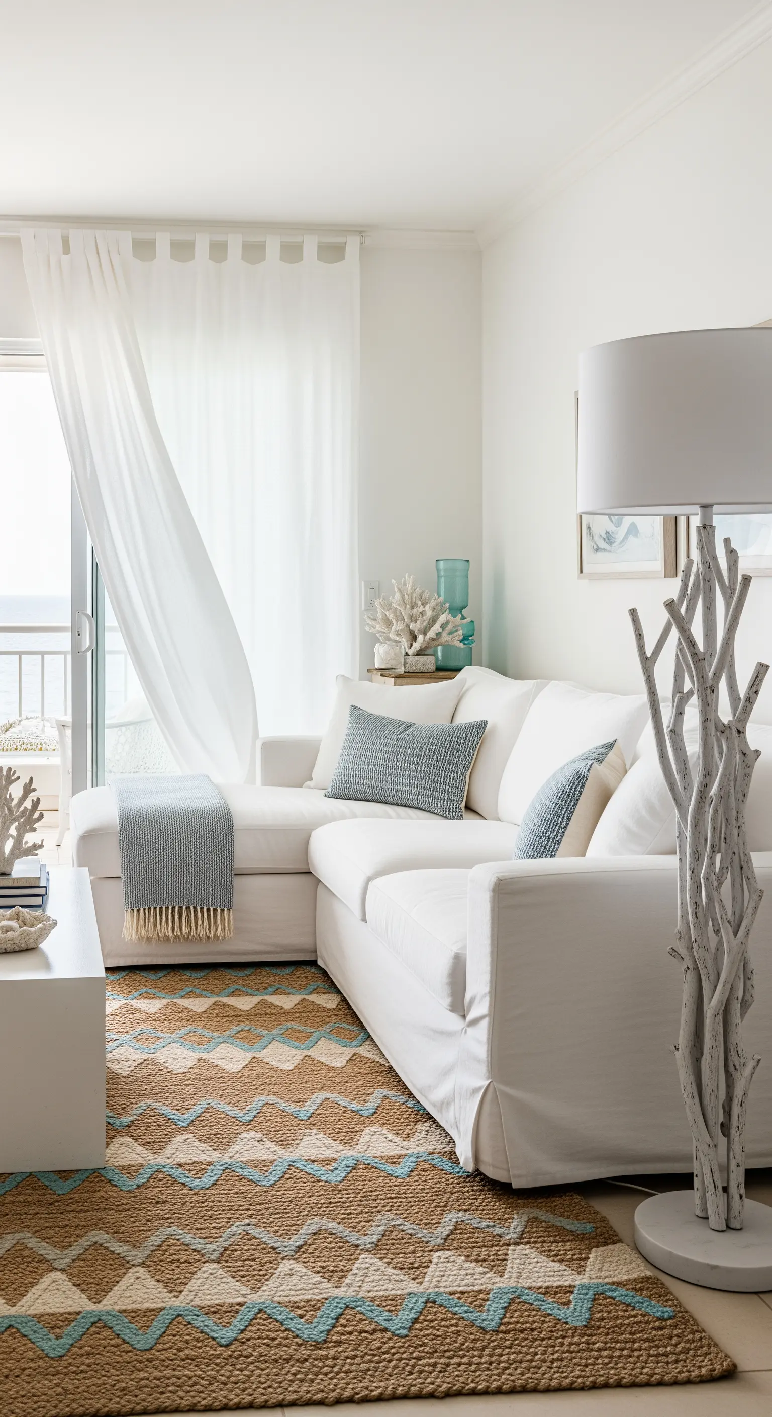 Soggiorno in stile coastal con divano a L bianco, tappeto in juta e lampada con base a rami.