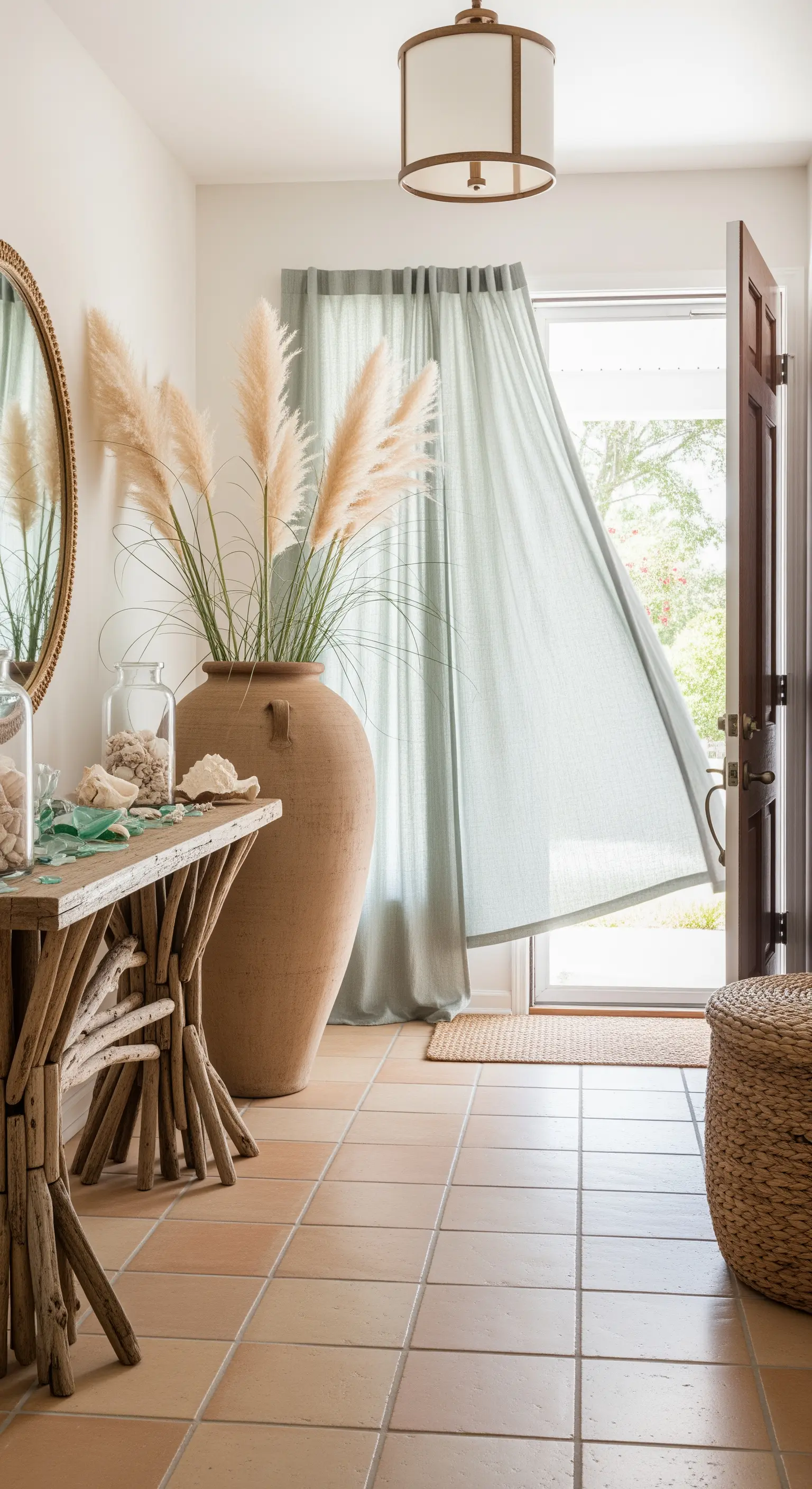 Ingresso in stile costiero con vaso in terracotta, erba della Pampa e consolle in legno spiaggiato.