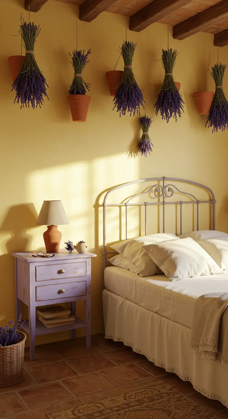 Camera da letto in stile provenzale con pareti gialle e mobili color lavanda.